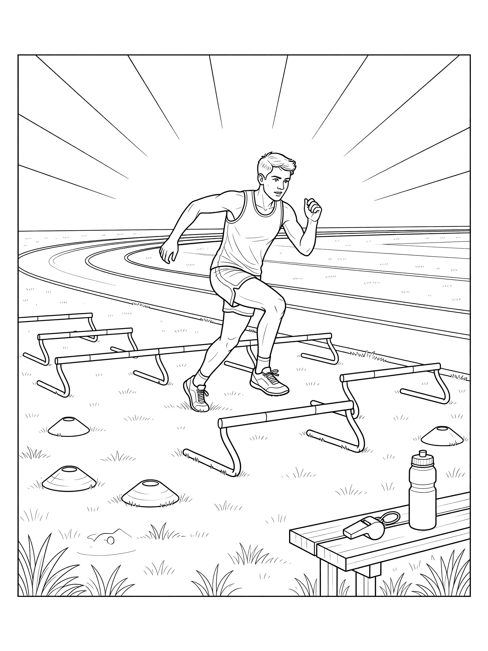 Black and white line art of a runner in hurdle drills weaving through low hurdles on a track field with cones, bench, whistle, water bottle, and sun rays.
