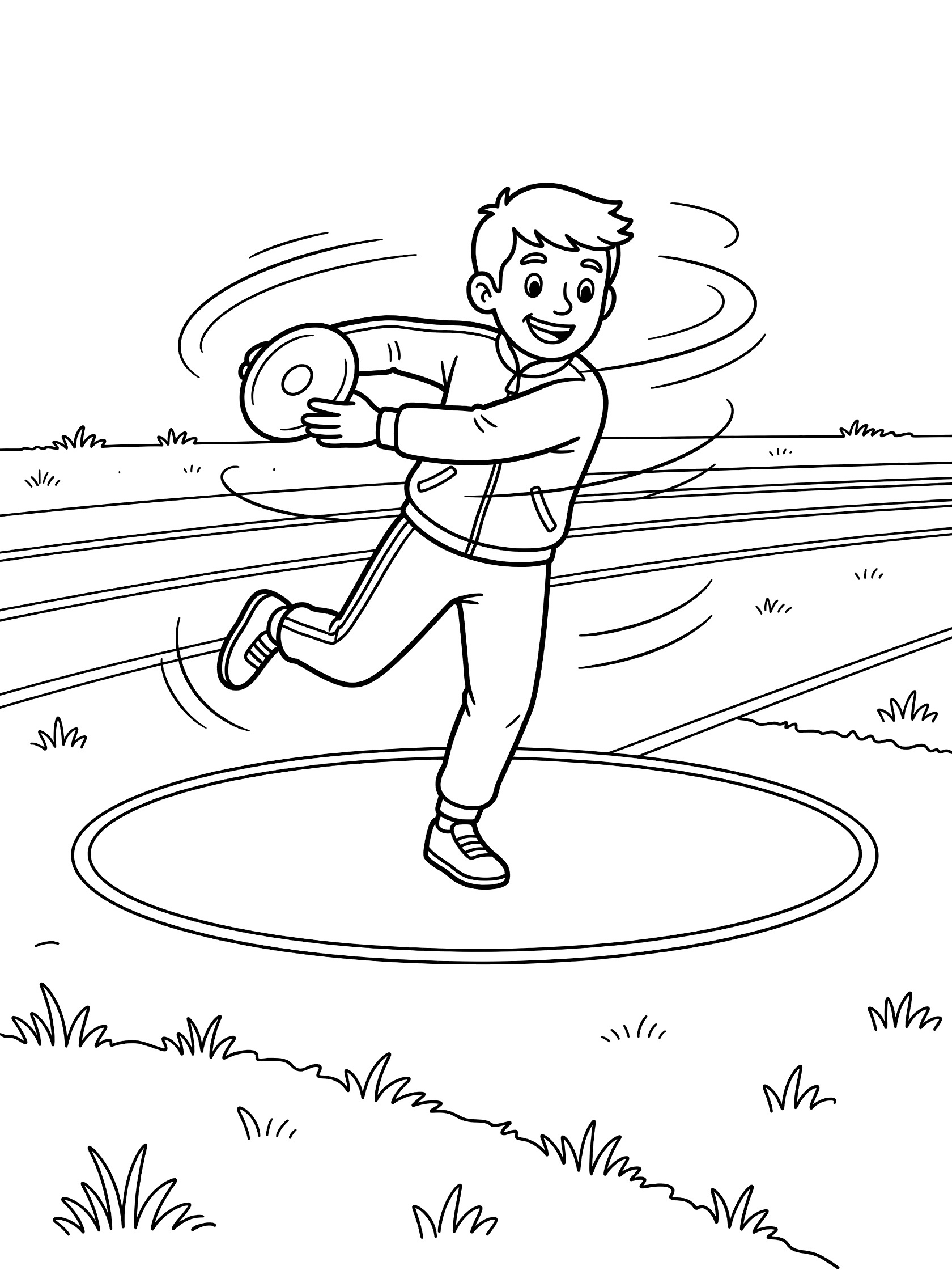 Line art coloring page showing a smiling athlete in track suit pivoting on one foot in a chalk circle, gripping discus tightly with swirling motion lines, track and grass nearby
