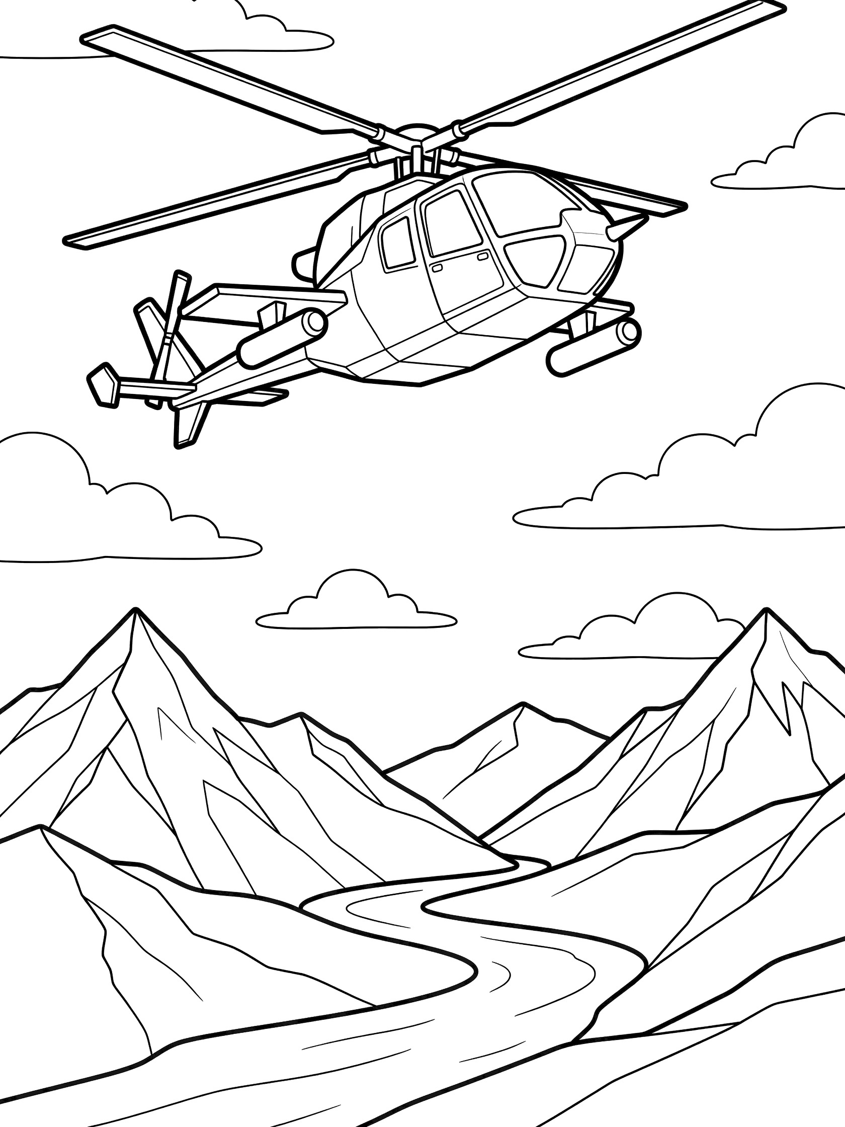 Attack helicopter coloring page showing the helicopter angled upward with rotor blades, rocket pods, mountains, winding river, and clouds in bold line art.