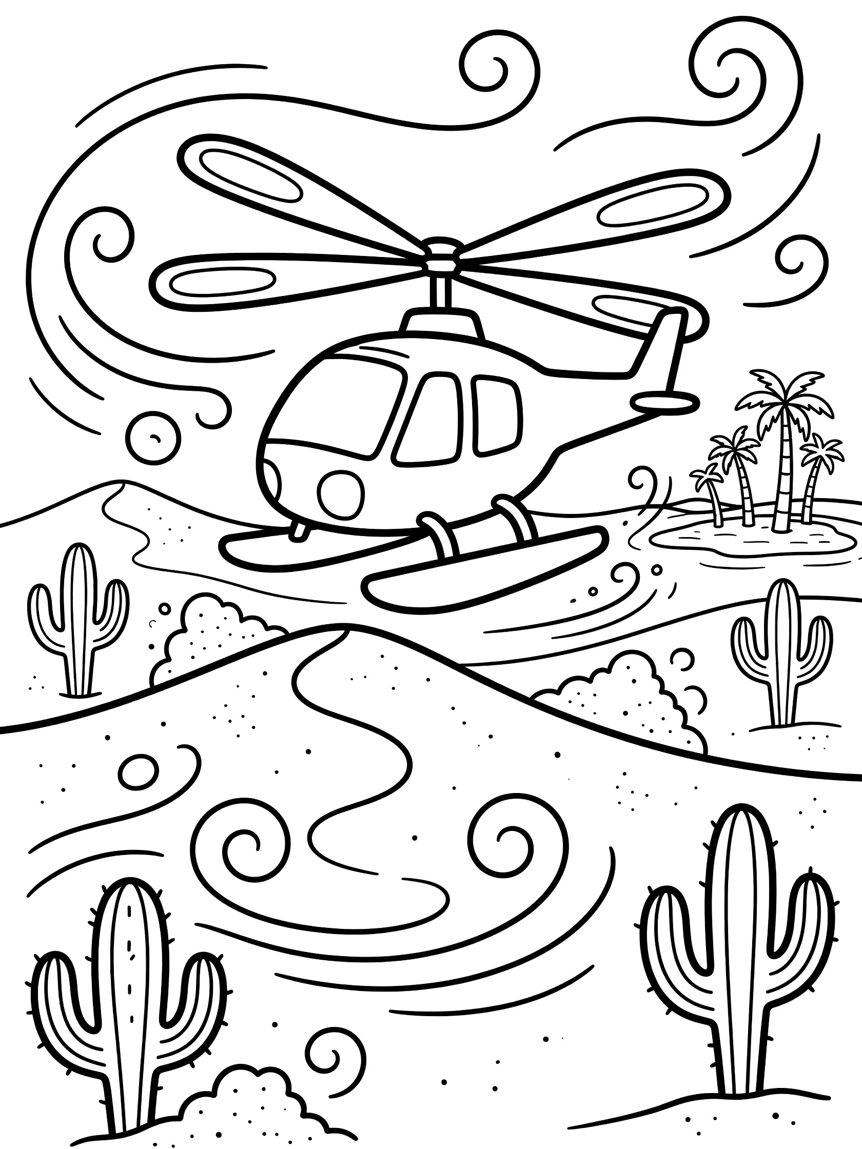 Doodle-style attack helicopter with spinning rotors and pontoons skimming above desert sand dunes, cacti, oasis palms, and windy sand swirls coloring page