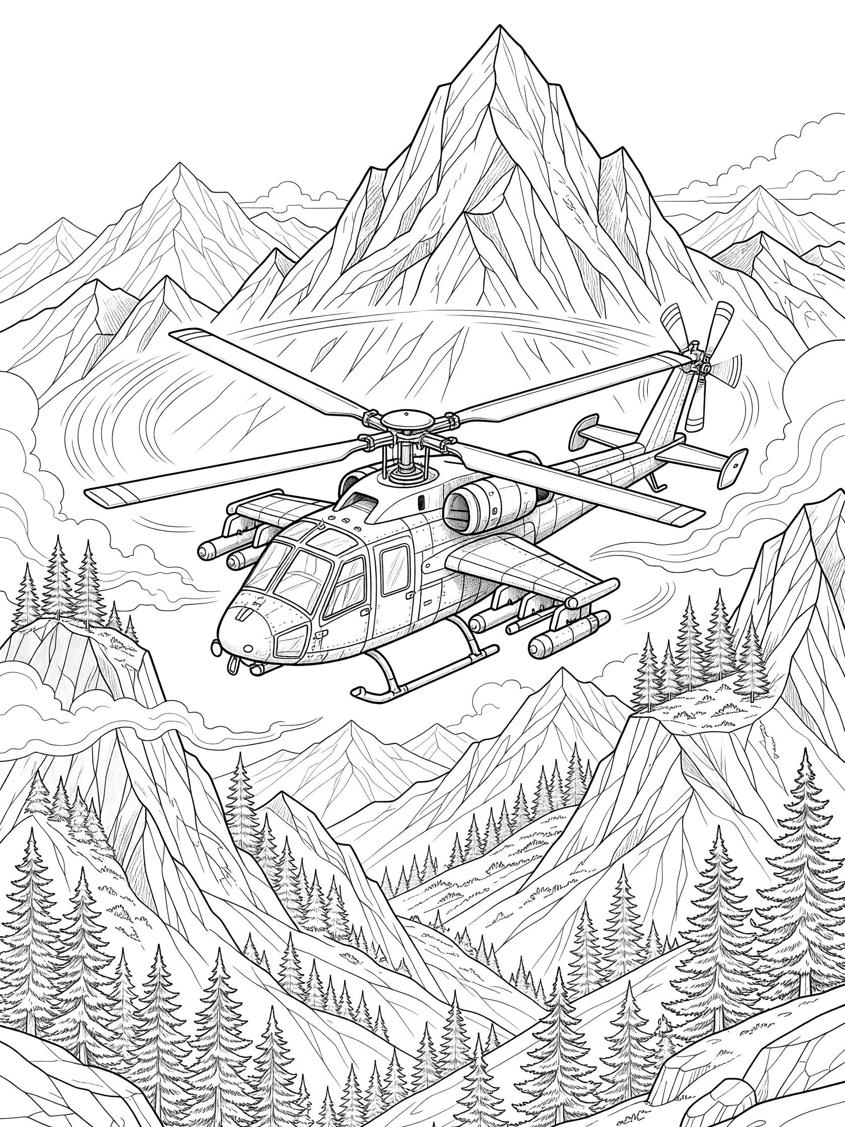 Detailed black and white coloring page showing an attack helicopter banking over rugged mountain peaks with pine trees in valleys and wispy clouds.