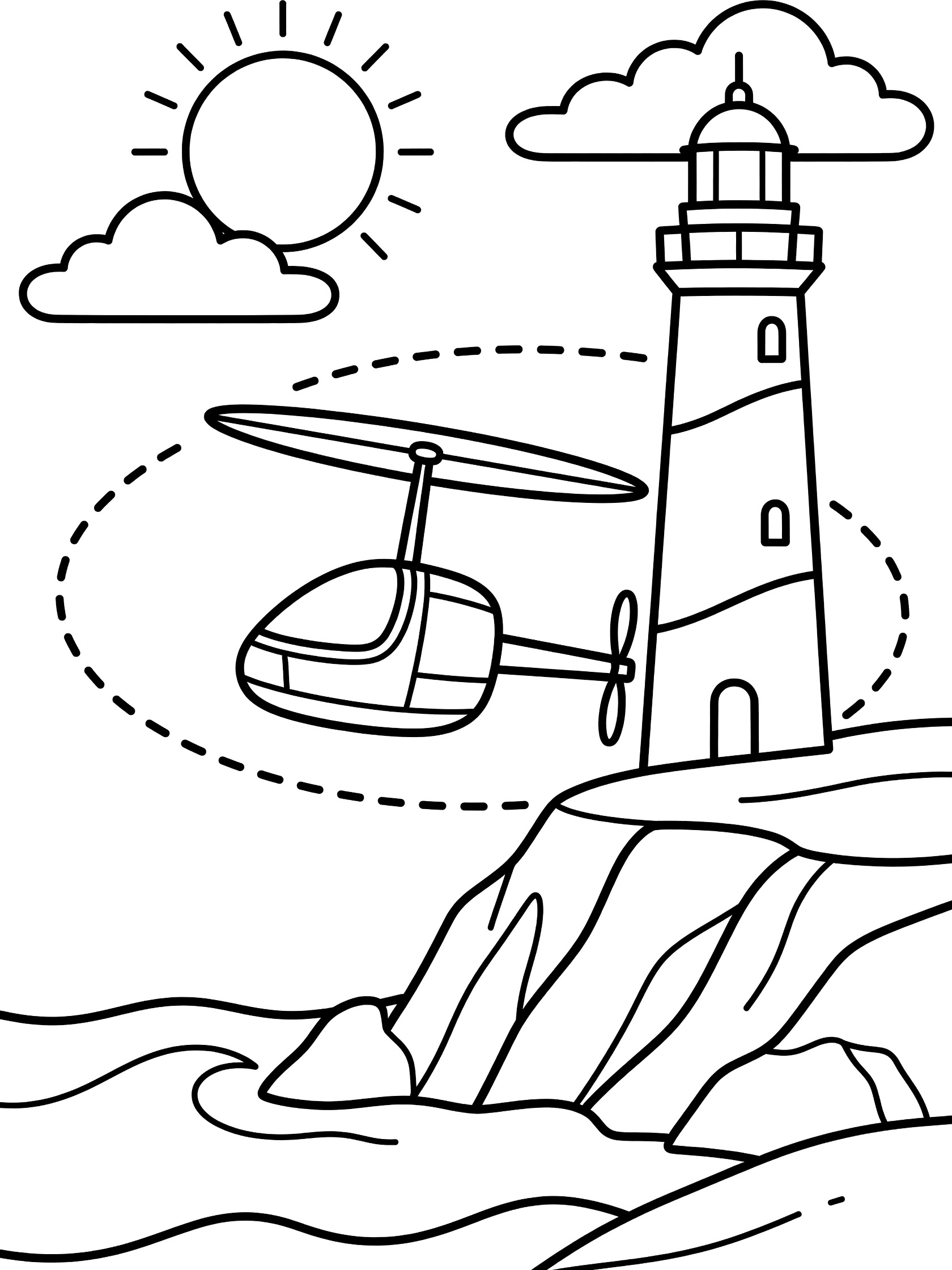 Simple line art coloring page showing an autogyro with rotor and propeller circling a lighthouse on a seaside cliff, dashed path, waves, rocks, sun and clouds.