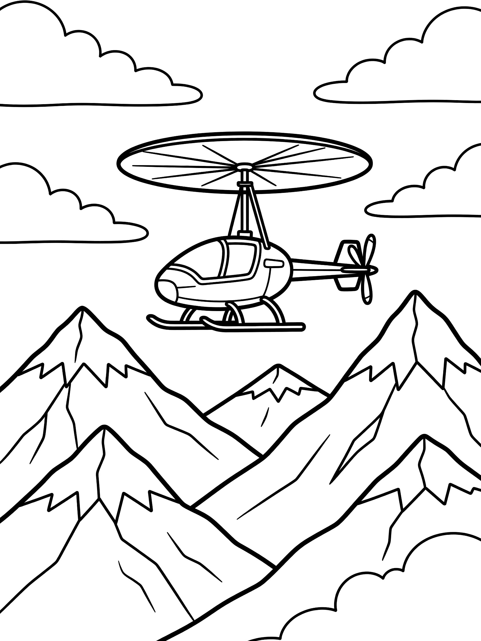 Black and white line art coloring page showing an autogyro with rotor blades and rear propeller flying over jagged mountains and clouds.