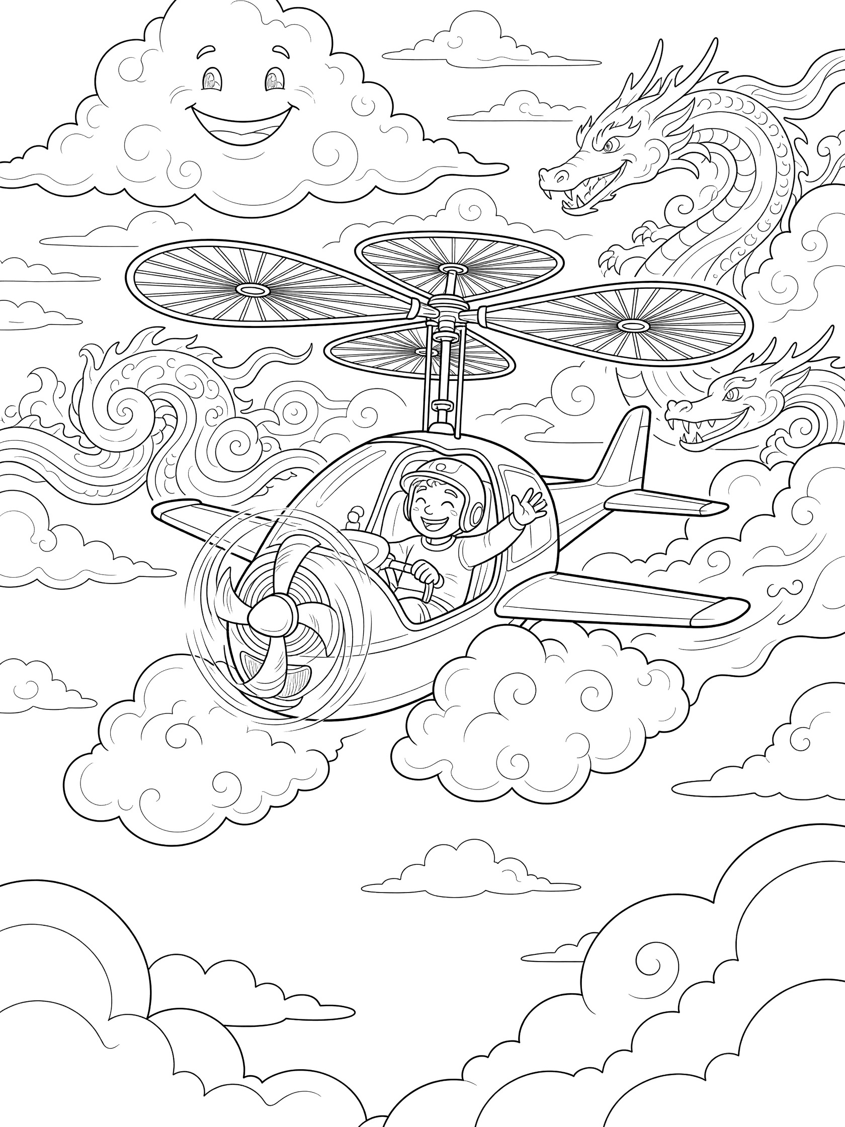 Line art coloring page showing an autogyro with big spinning rotor blades, pilot waving from cockpit, propeller, and small wings, soaring through playful clouds including smiling cloud faces and twisting dragon clouds.