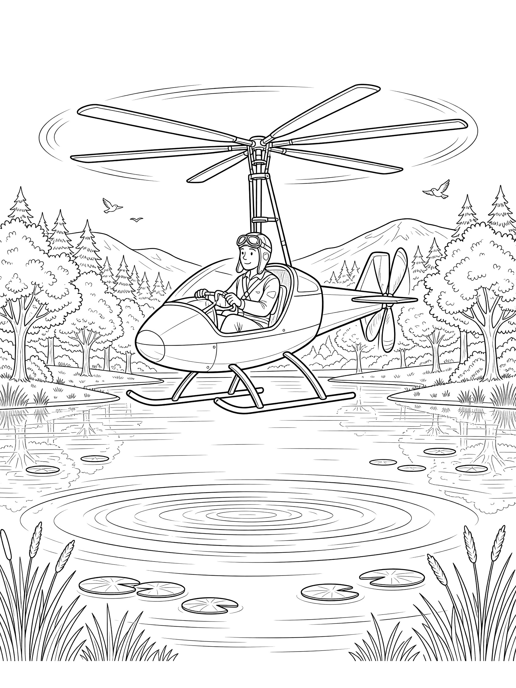 Black-and-white coloring page of an autogyro with spinning rotor blades and pilot hovering above a lake surrounded by trees and hills