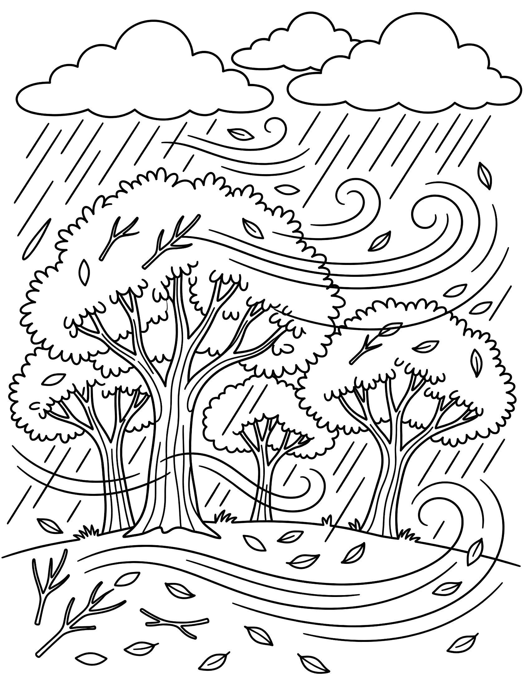 Black and white line art coloring page showing bushy autumn trees with twisting branches in a thunderstorm, swirling wind lifting leaves and twigs, diagonal rain streaks and dark clouds.