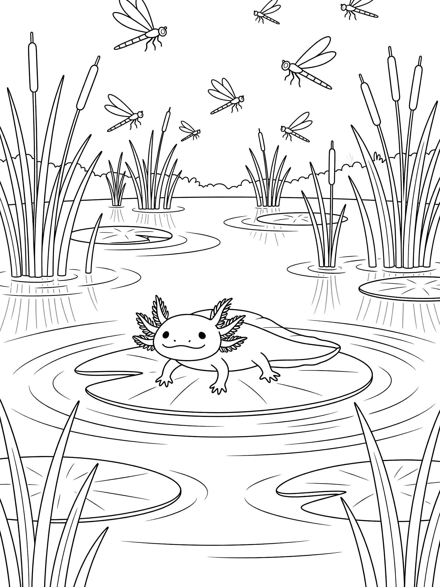 Black and white line art coloring page showing an axolotl on a lily pad surrounded by pond water, reeds, and dragonflies. Salamander themed black and white printable line art