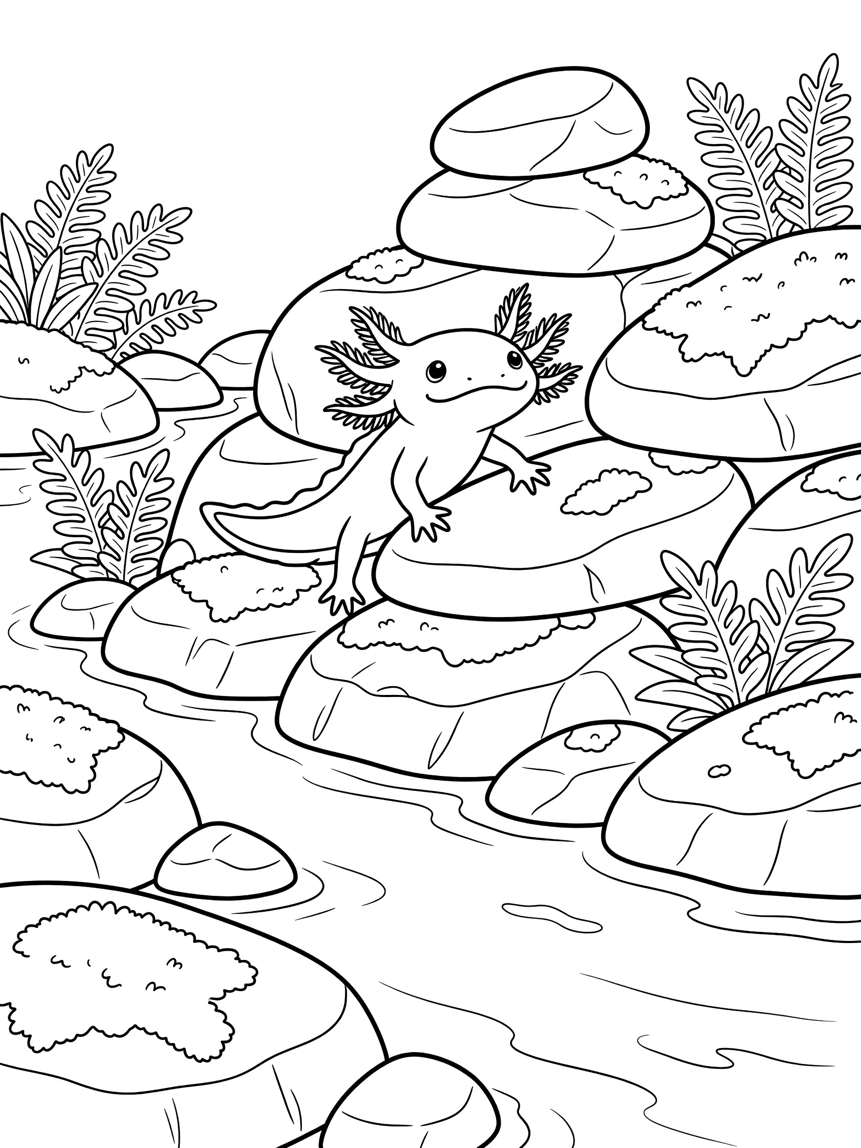 Black and white line art coloring page showing an axolotl peeking out from behind rocks in a shallow stream with ferns and moss. Salamander themed black and white printable line art