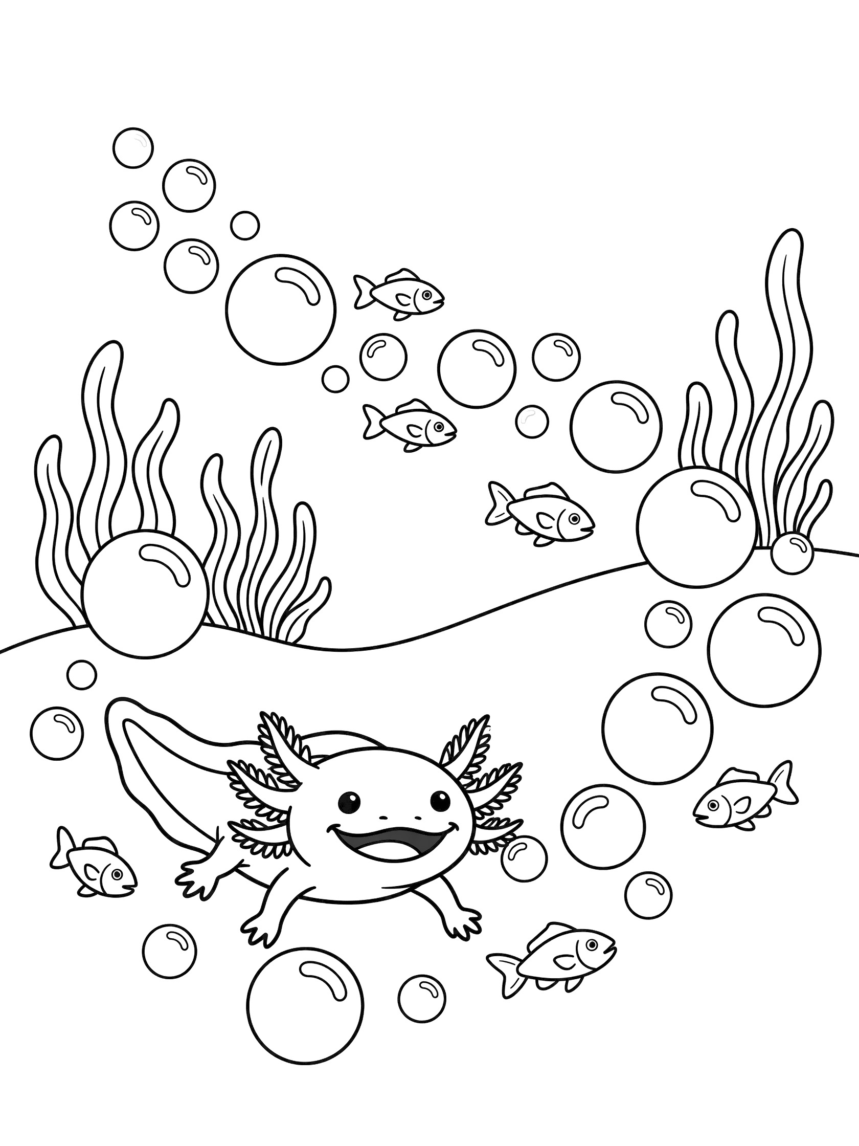 Black and white line art coloring page showing a smiling axolotl swimming through bubbles chased by small fish with seaweed in the underwater scene.