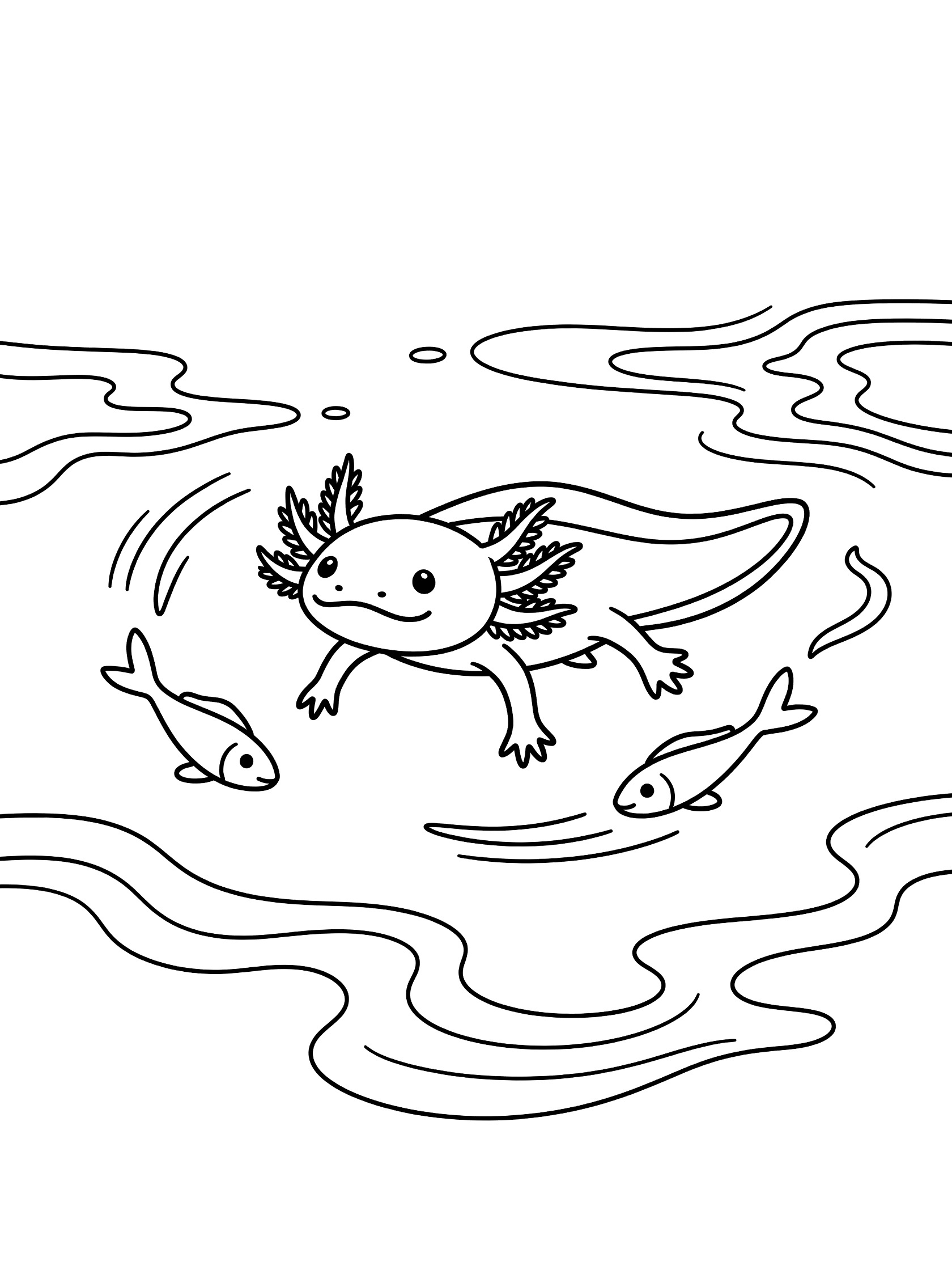 Black and white line art coloring page showing a cute axolotl with gills swimming in waves surrounded by three small fish.