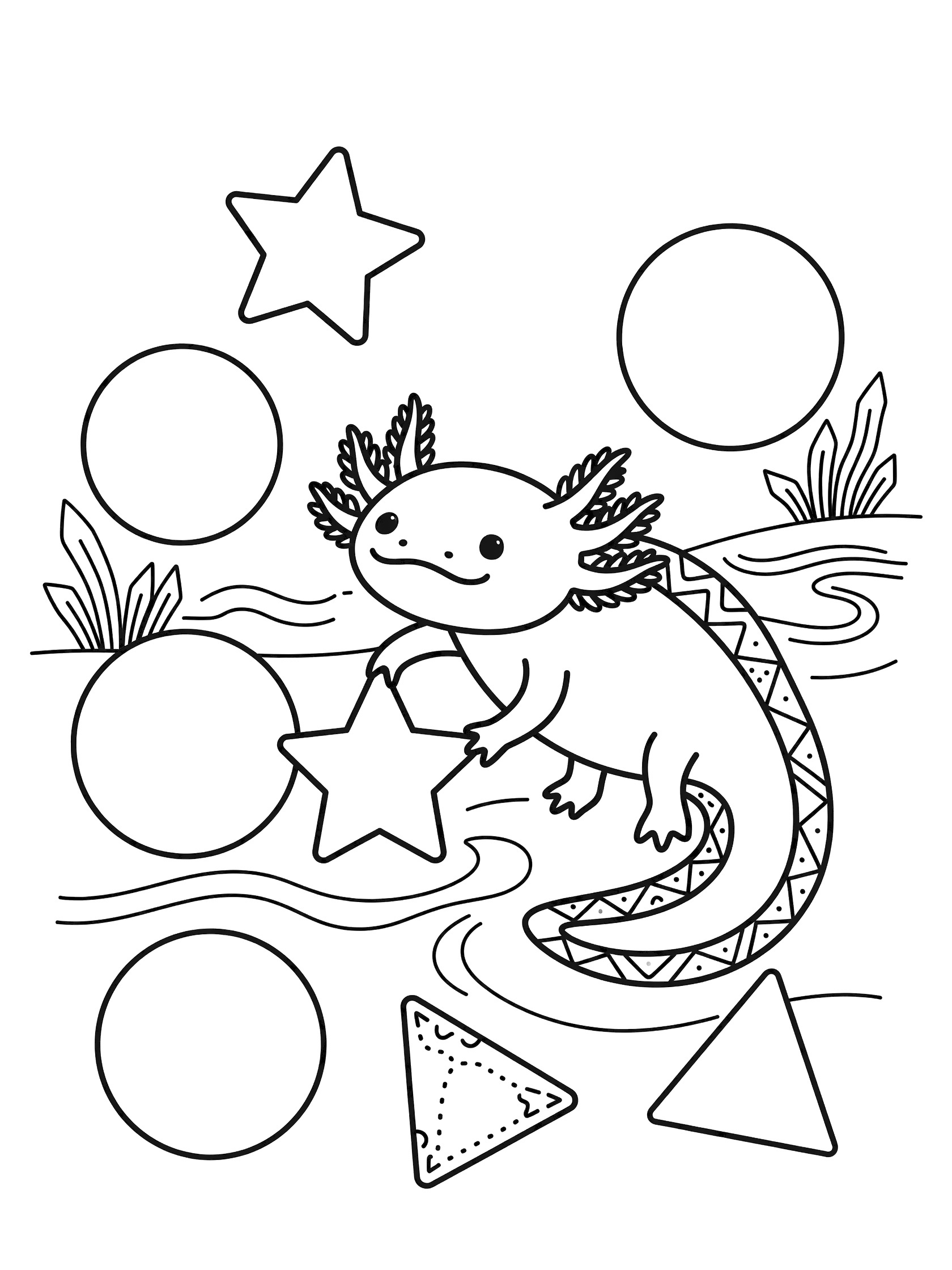 Black and white line art coloring page showing an axolotl holding a star, surrounded by circles, stars, triangles, wavy water lines and plants.