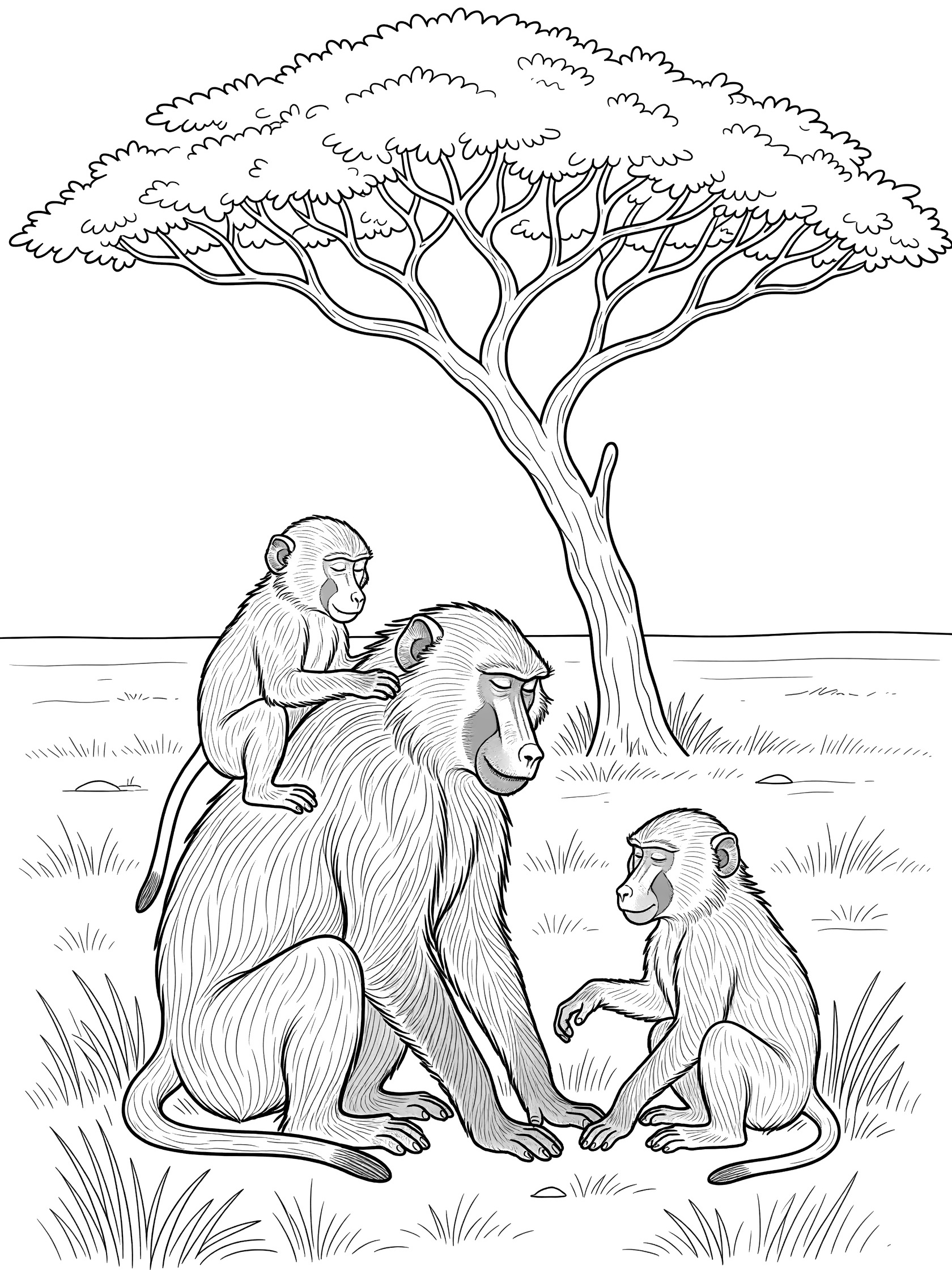 Black and white coloring page of a mother baboon with a baby on her back, another baby nearby, sitting in grass under a shady tree.