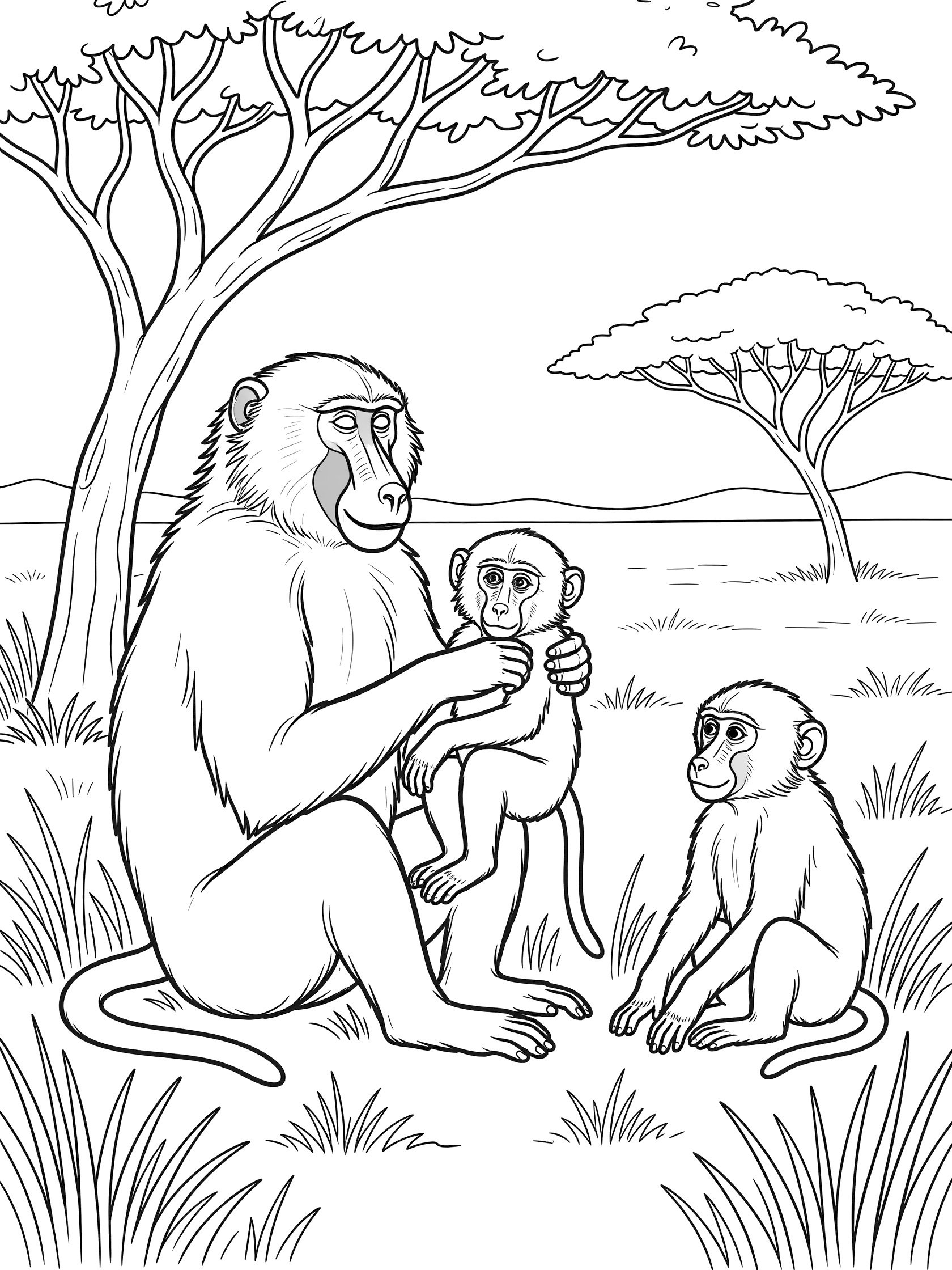 Line art coloring page showing a mother baboon grooming one baby while another baby sits nearby on savanna grass under a shady tree.
