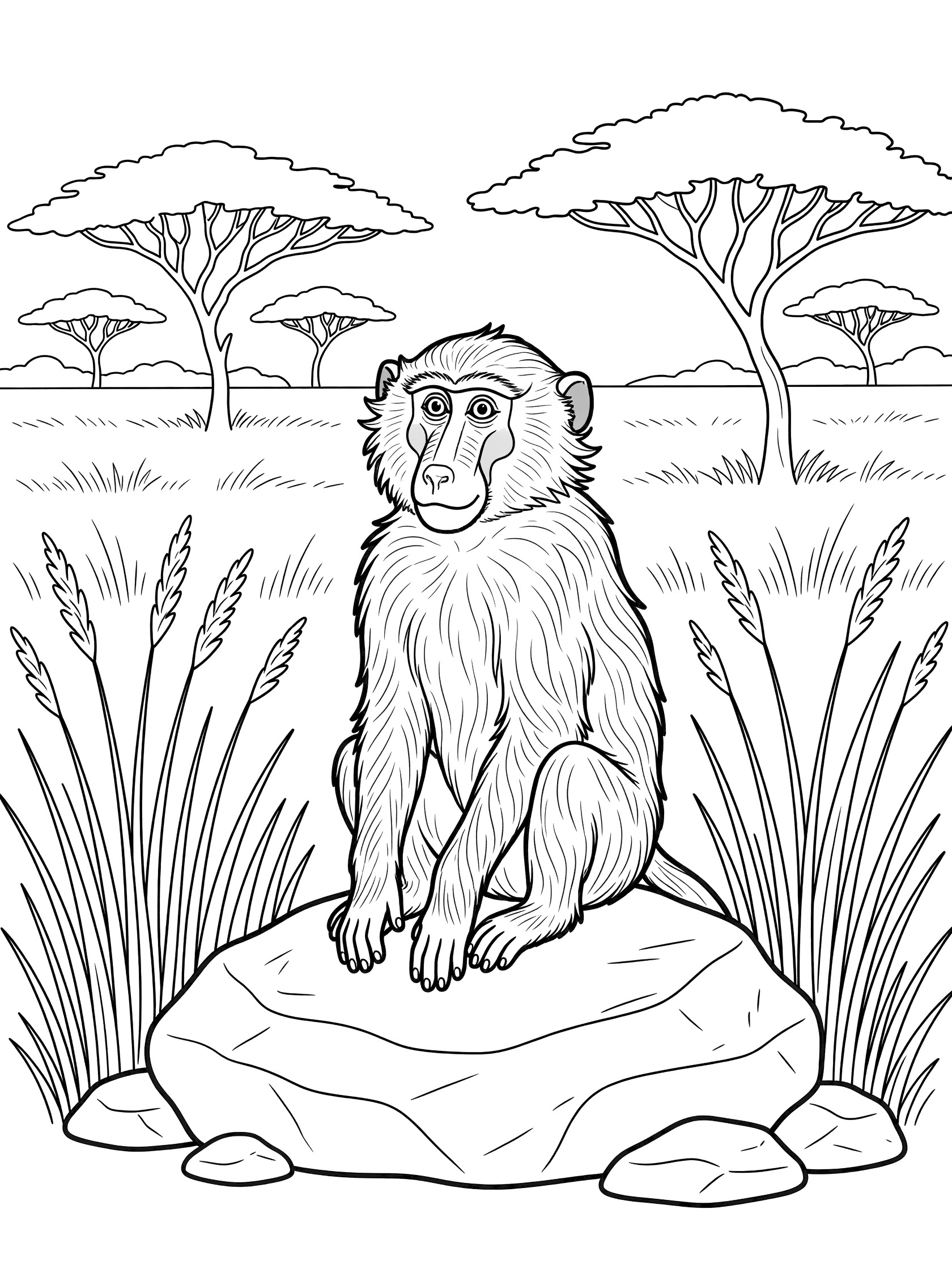 Black and white line art of a baboon sitting on a rock surrounded by grasses and acacia trees, printable coloring page.