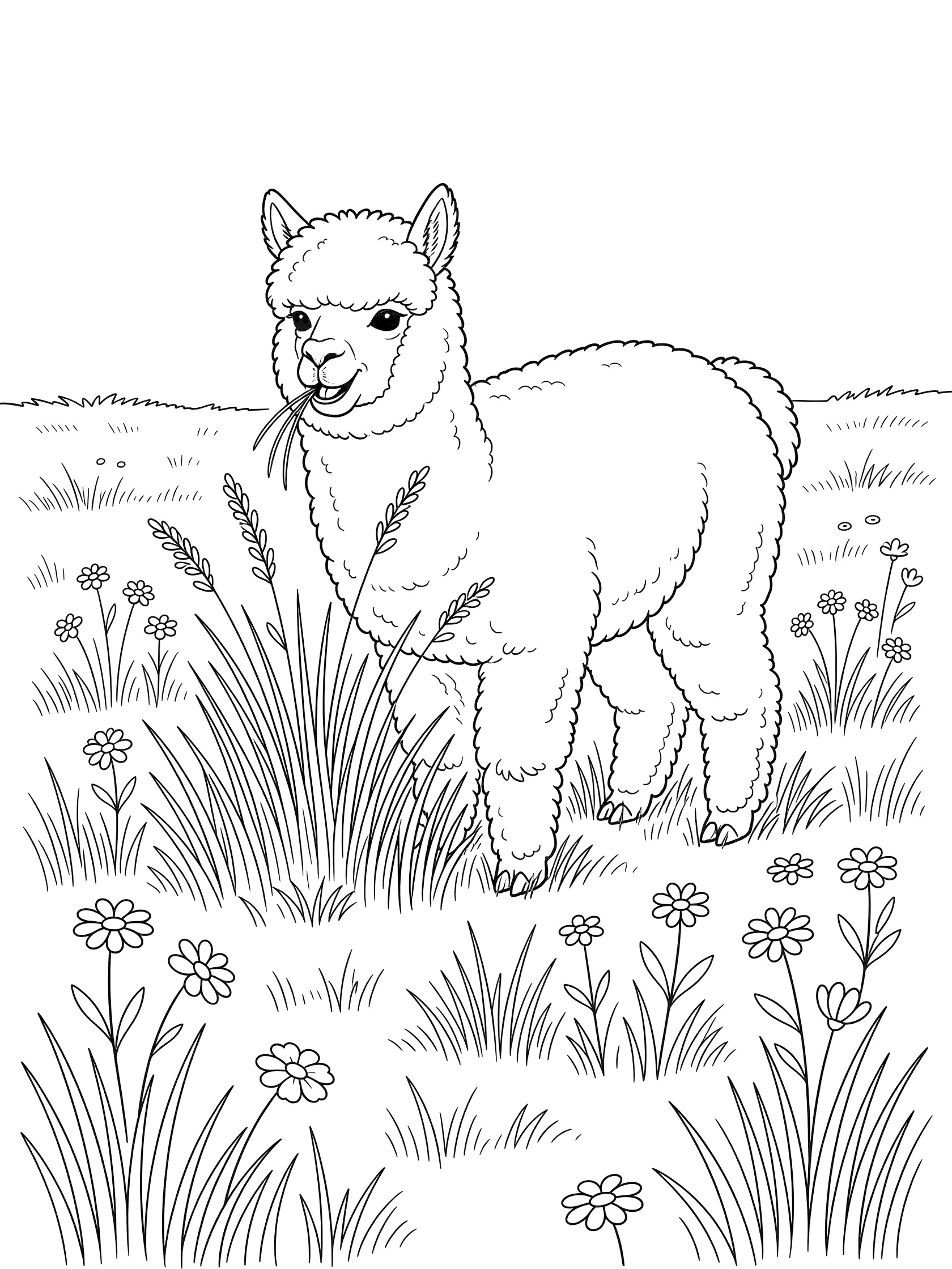 Black and white line art coloring page showing a cute baby alpaca with fluffy wool eating tall grass and daisies in a grassy field. Alpacas themed black and white printable line art