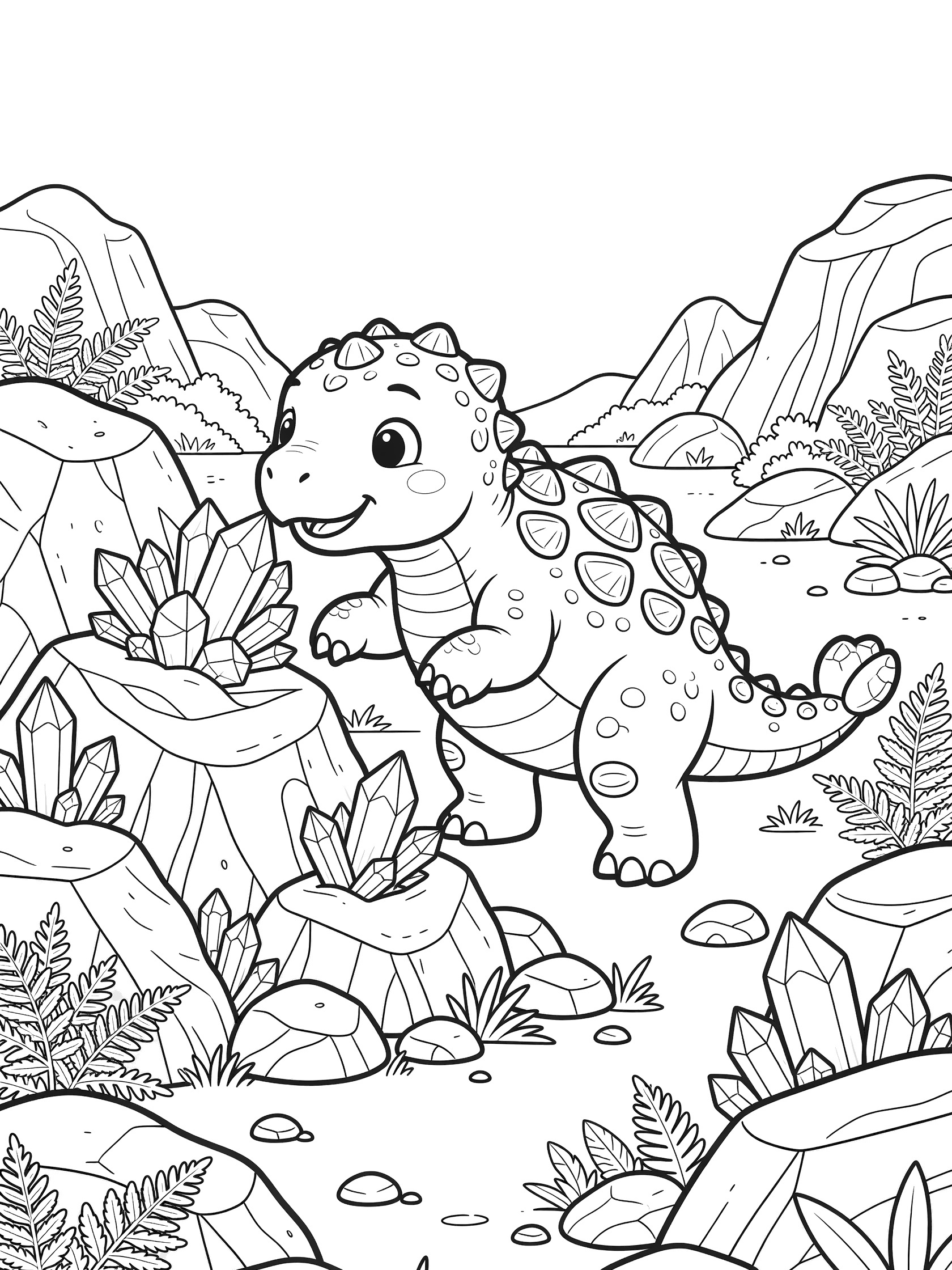 Cute baby Ankylosaurus dinosaur rearing up to explore jagged rocks and sparkling crystals in a prehistoric scene coloring page