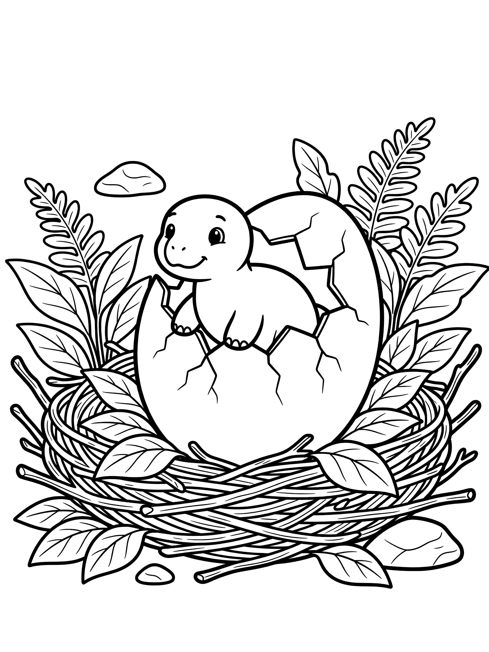 Black and white line art coloring page showing a baby dinosaur with back plates hatching from a large cracked egg in a twig nest surrounded by ferns and small rocks.