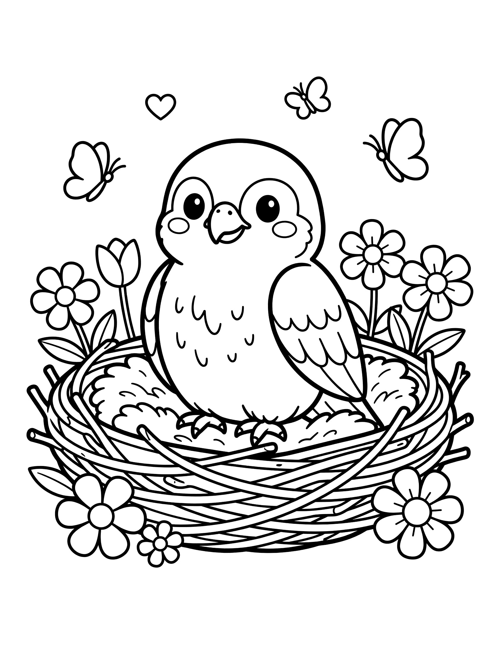 Black and white line art of a cute baby bird with big eyes in a twig nest, surrounded by flowers and butterflies. Falcon themed black and white printable line art