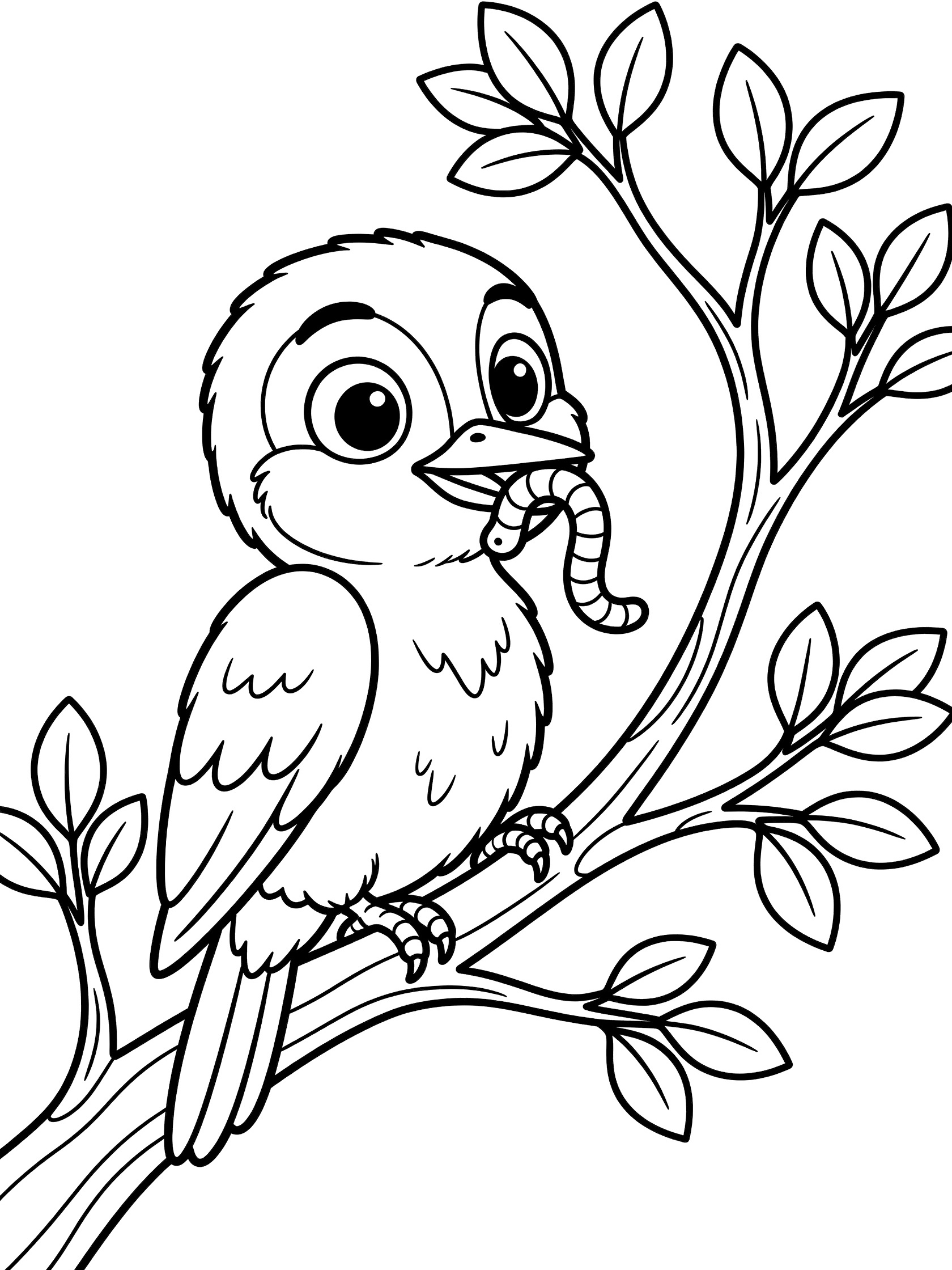 Black and white line art coloring page showing a fluffy baby bird perched on a branch gripping a worm in its beak surrounded by simple leaves. Woodpecker themed black and white printable line art