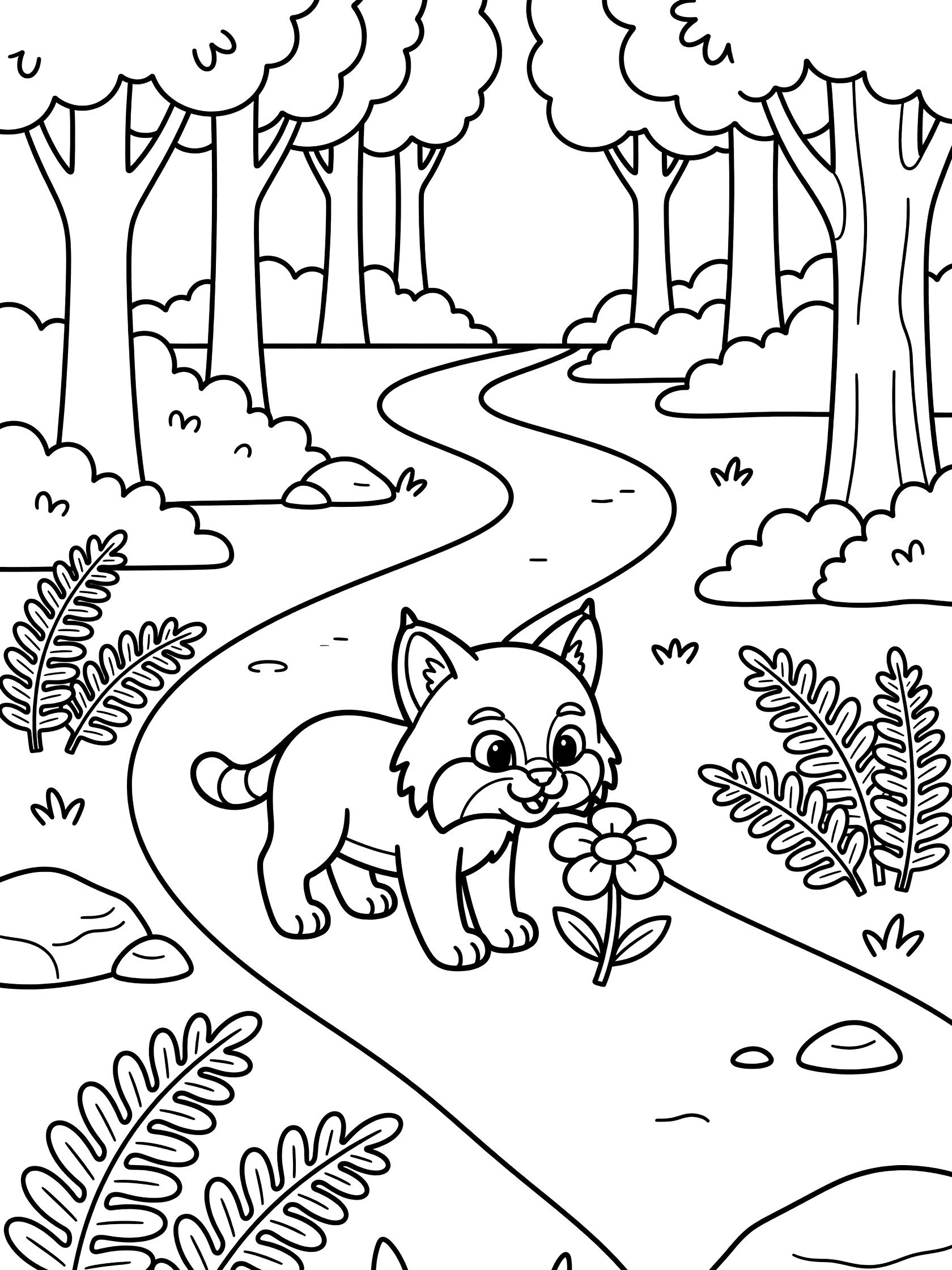 Black and white line art coloring page showing a cute cartoon baby bobcat walking on a winding forest path, sniffing a large flower, surrounded by simple trees, ferns, bushes, and rocks.