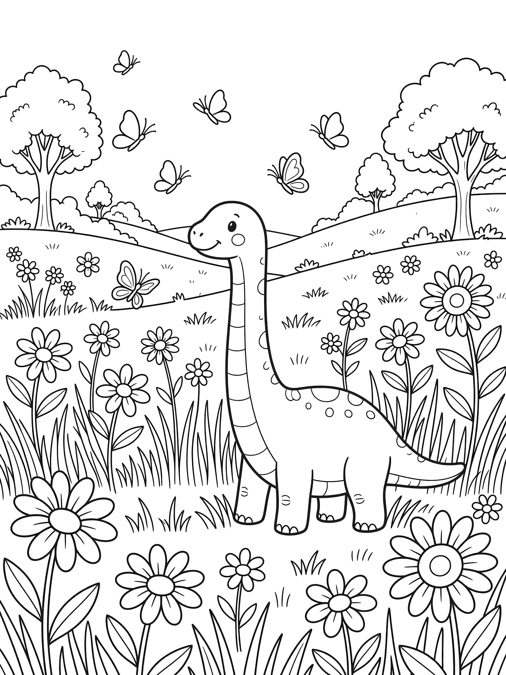 Cute baby Brachiosaurus coloring page, playfully chasing butterflies amid tall grasses, daisies, sunflowers, gentle hills, and trees in a meadow