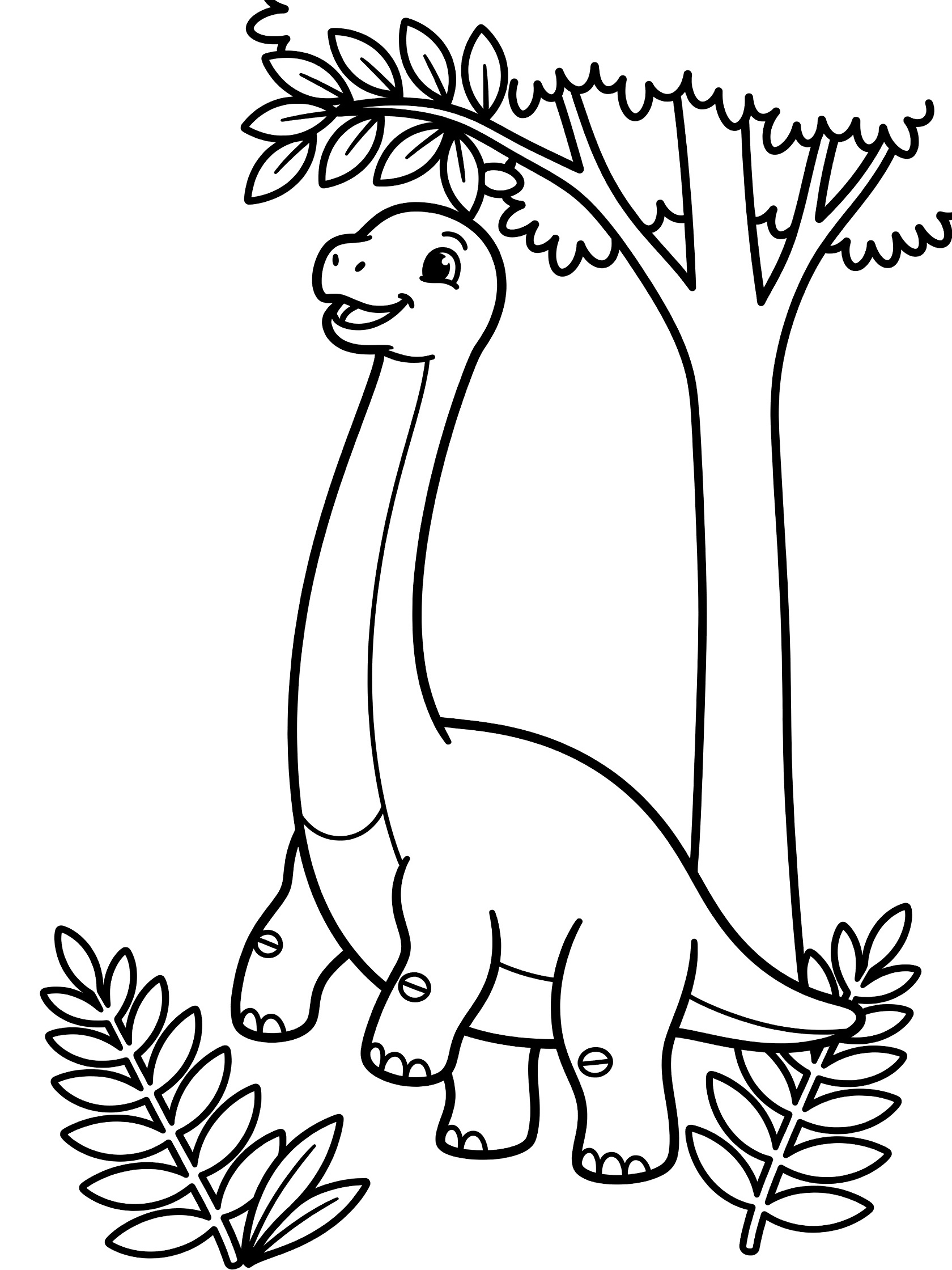Black and white line art coloring page showing a baby Brachiosaurus munching leaves on a tall tree with ferns around it.