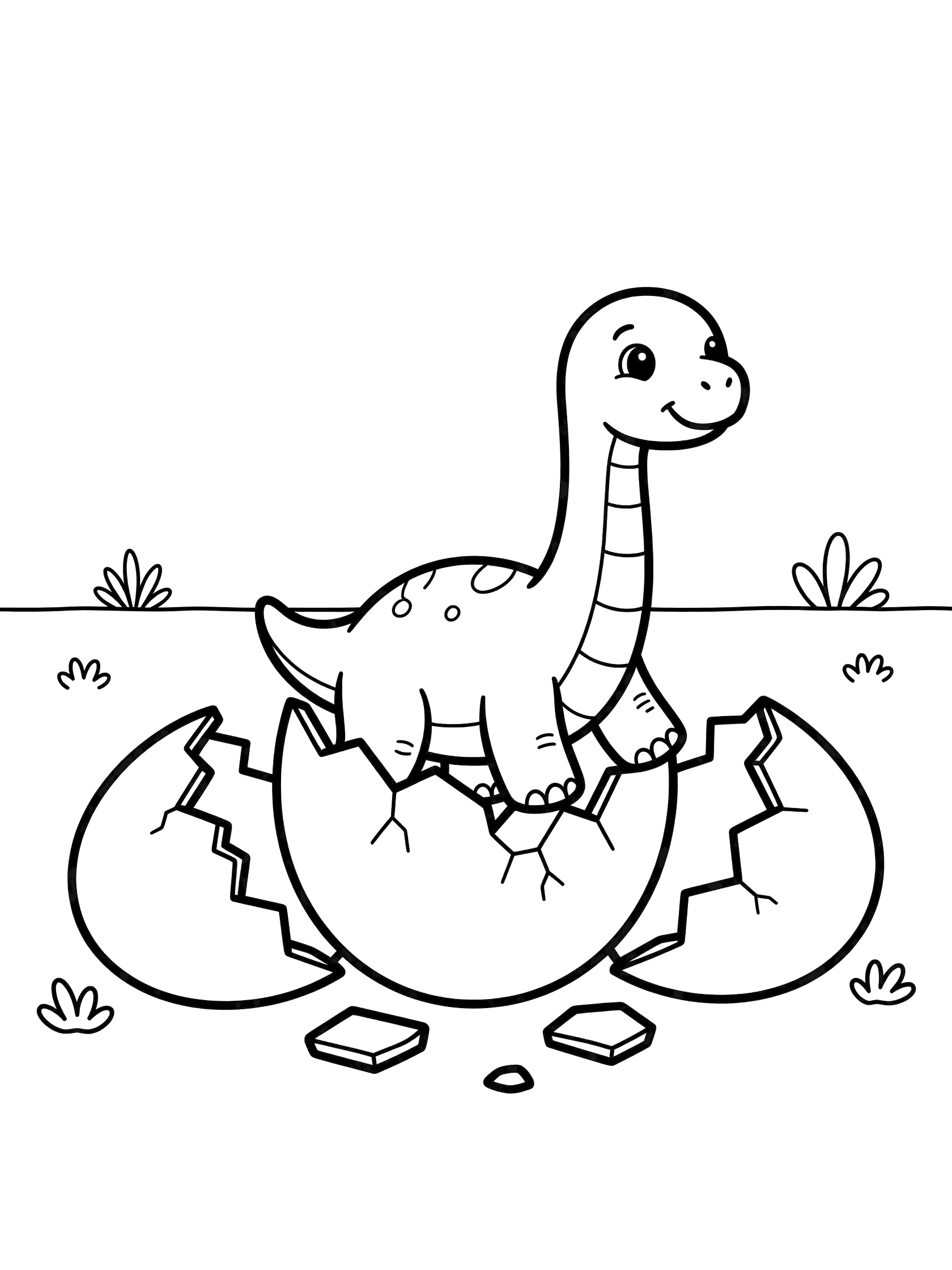 Black and white line art coloring page showing a baby Brachiosaurus dinosaur cracking out of a big egg surrounded by broken shell pieces and small plants.