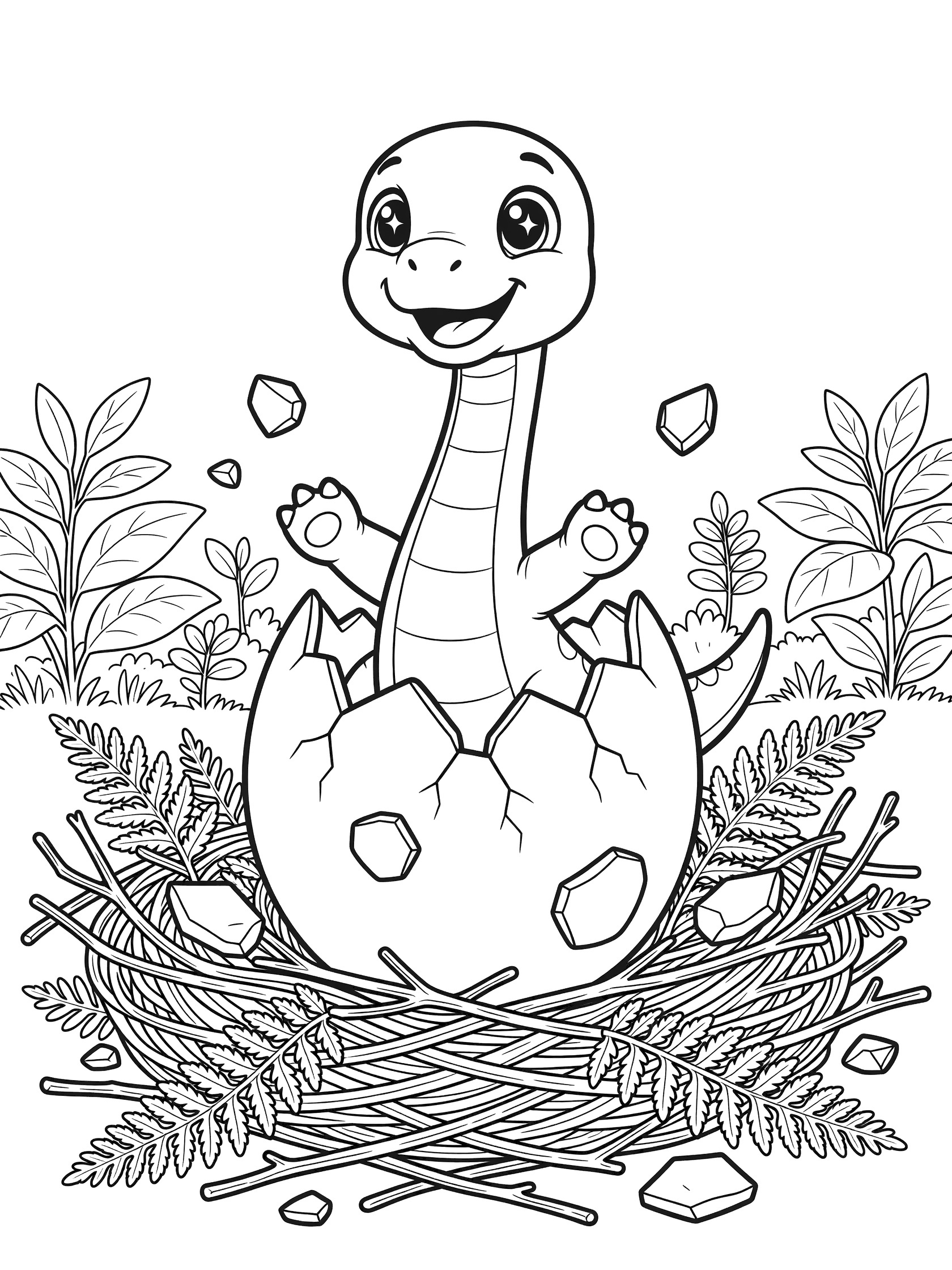 Cute cartoon baby Brachiosaurus with big eyes and smile poking out of a large cracked egg in a nest, surrounded by prehistoric plants, line art coloring page