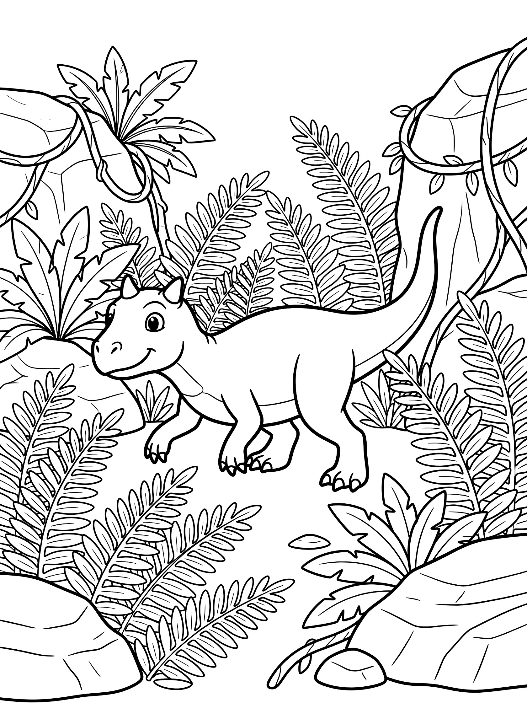 Black and white line art coloring page showing a small Ceratosaurus dinosaur with head crest walking playfully through dense jungle ferns, vines hanging from rocks, and scattered stones.