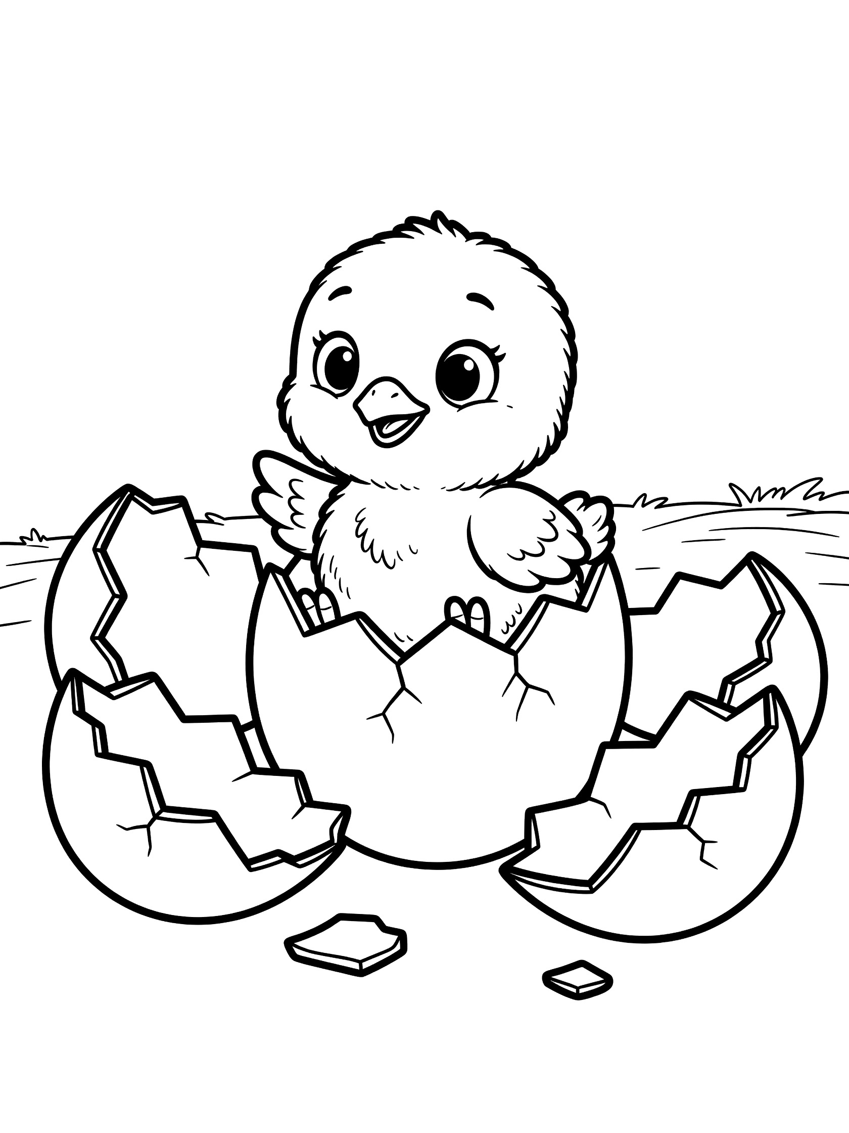 Cute cartoon baby chick with big eyes hatching from a cracked egg, shell pieces around, black line art coloring page on white background. Peacock themed black and white printable line art