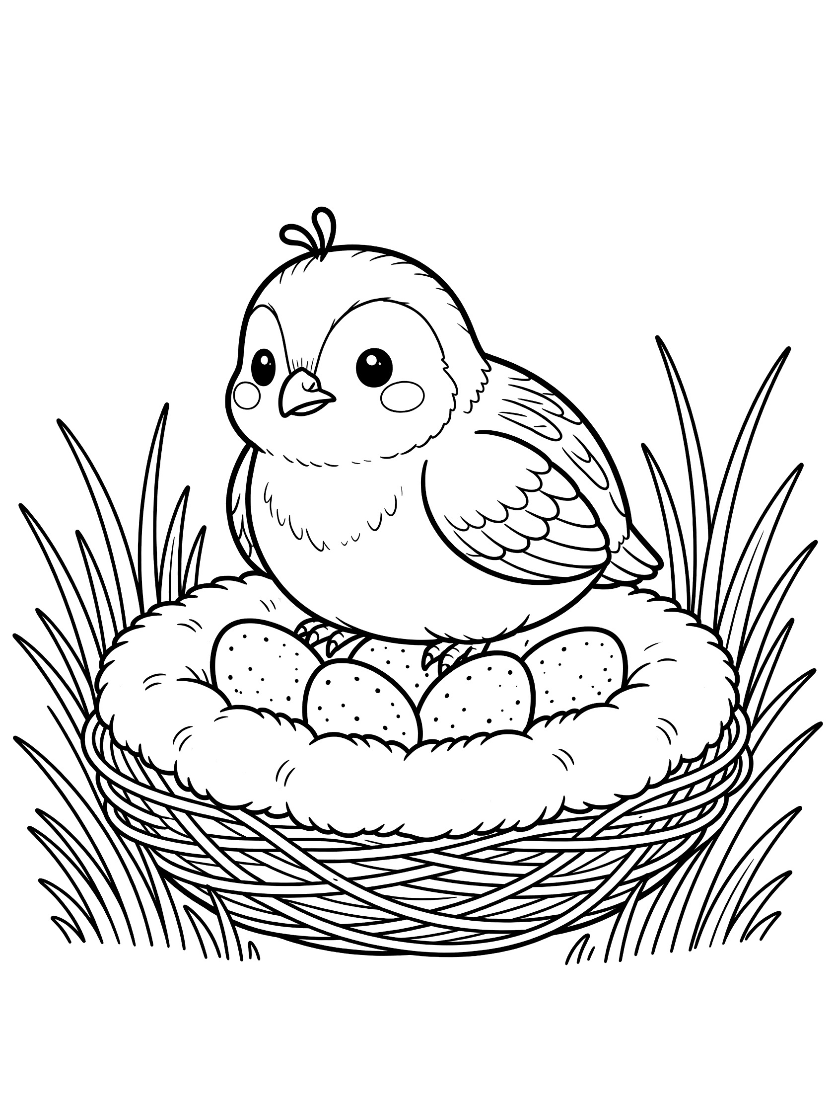 Black and white coloring page of a cute baby chick with big eyes sitting protectively on speckled eggs inside a nest made of twigs, surrounded by grass blades. Quail themed black and white printable line art