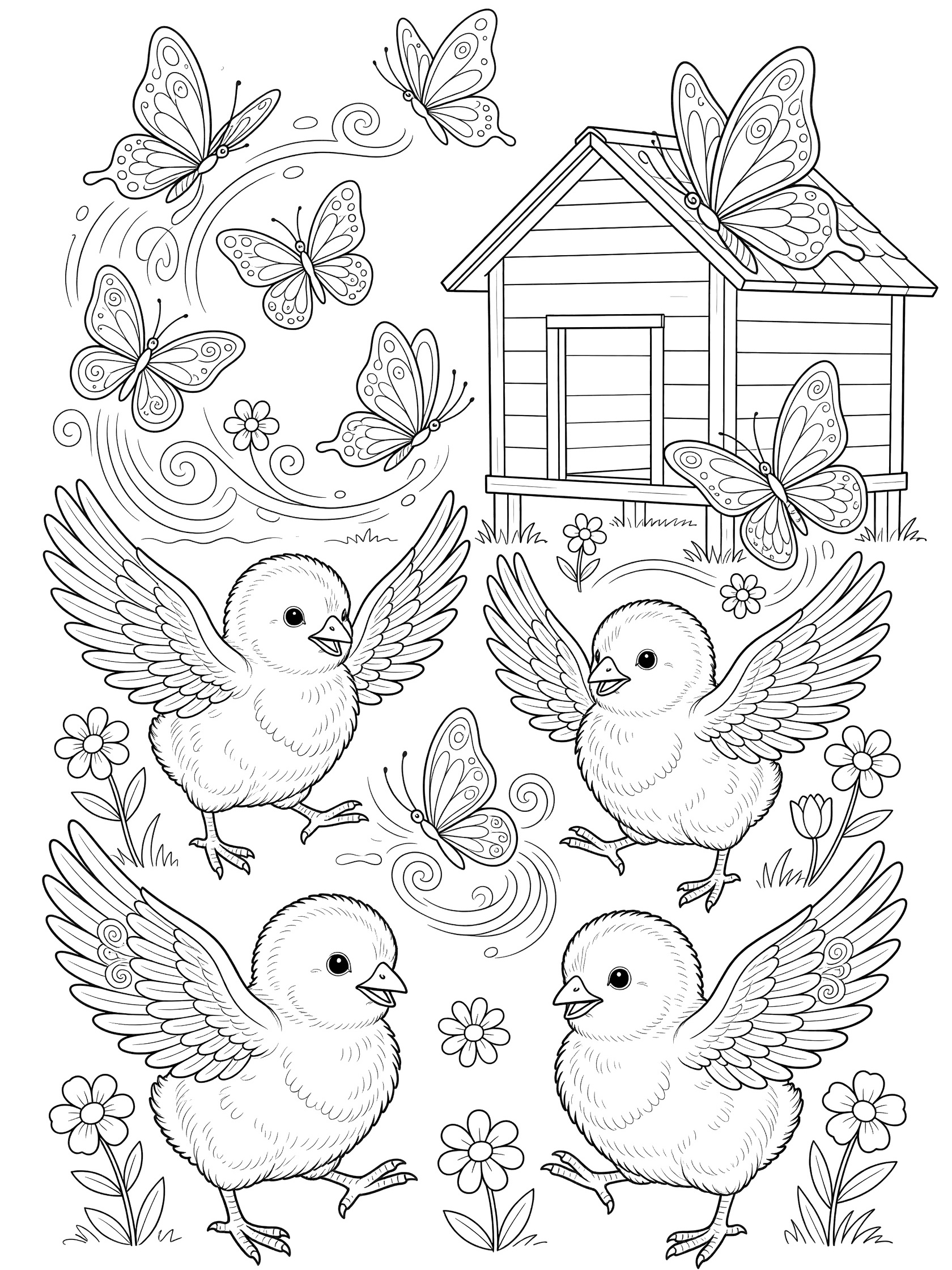 Printable coloring page showing four baby chicks with wings spread chasing swirling butterflies around a wooden chicken coop and simple flowers, clean line art.