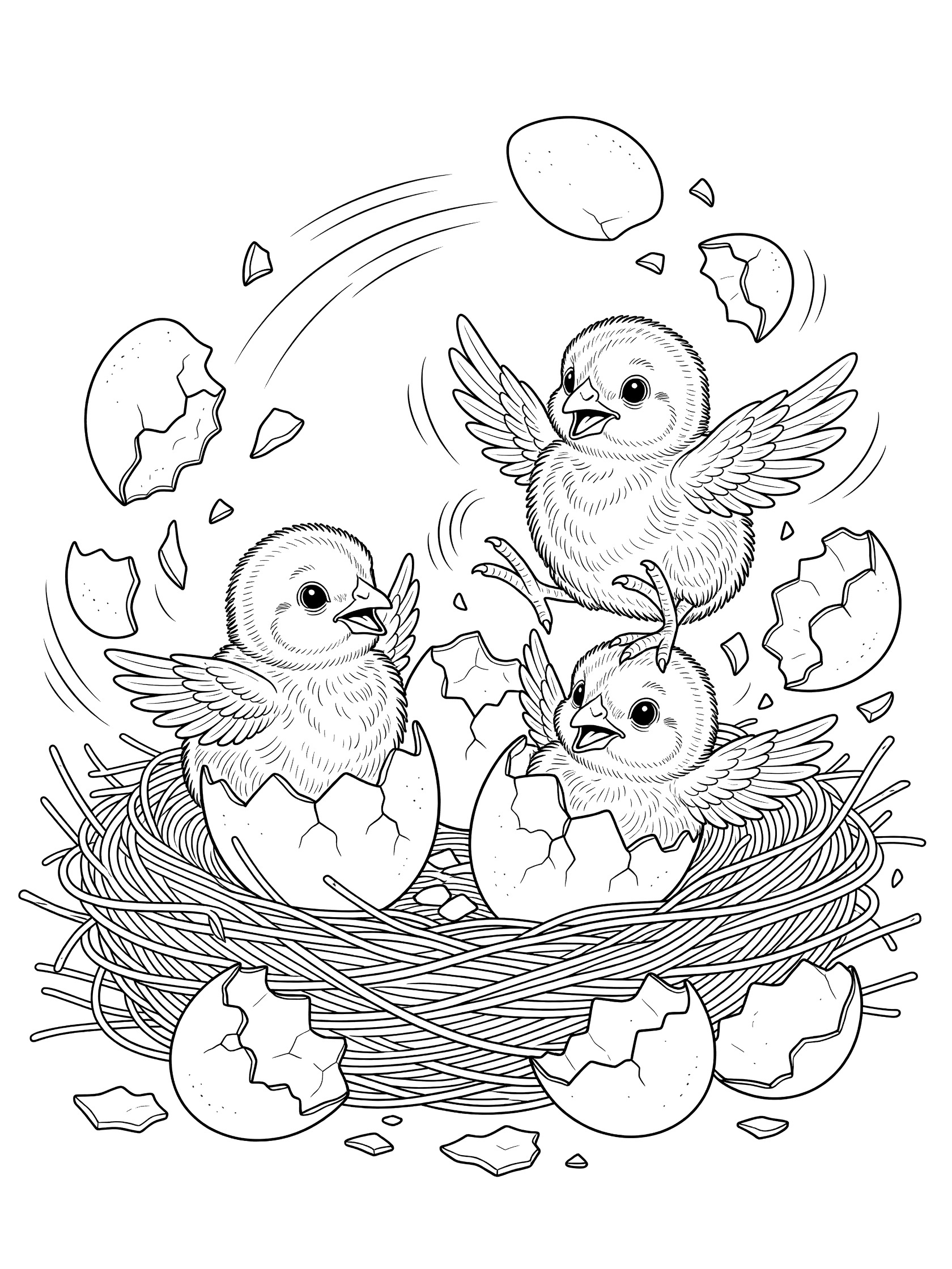 Black and white line art coloring page showing three baby chicks cracking open eggshells in a woven nest with flying shell pieces and flapping wings. Chickens themed black and white printable line art