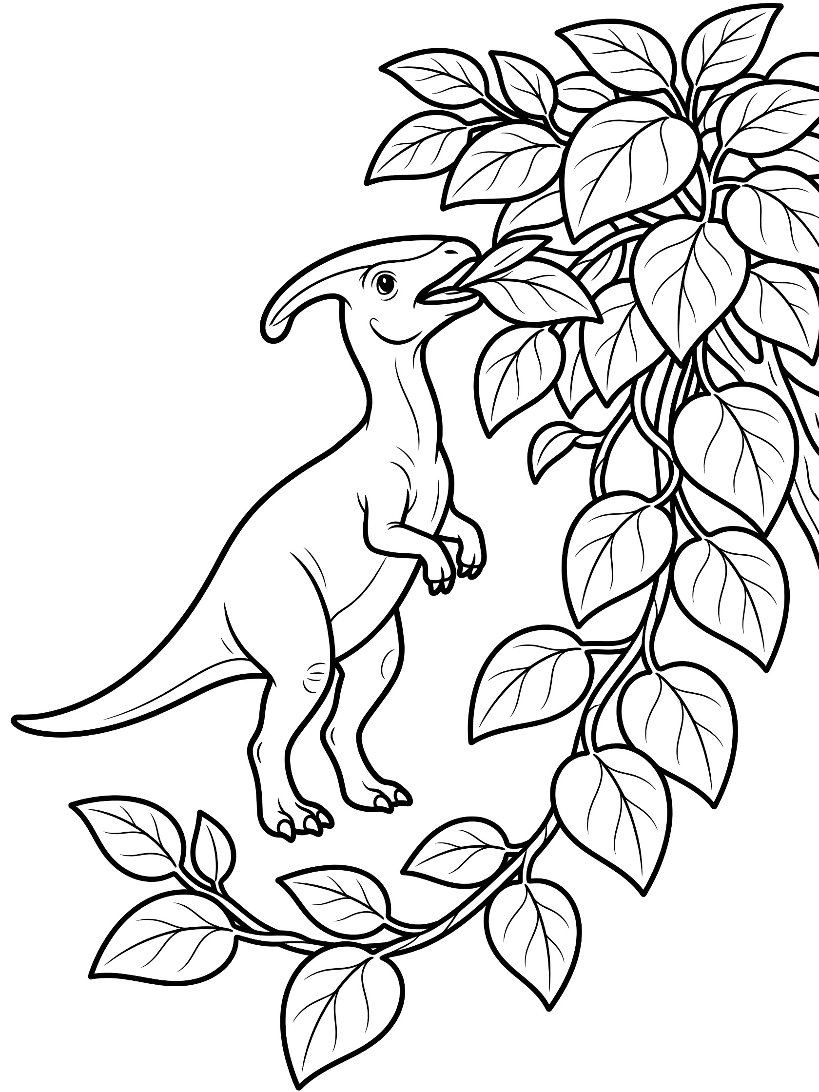 Black and white line art coloring page showing a baby dinosaur with a crest on its head standing on two legs eating large leaves from a bush with dangling vines.