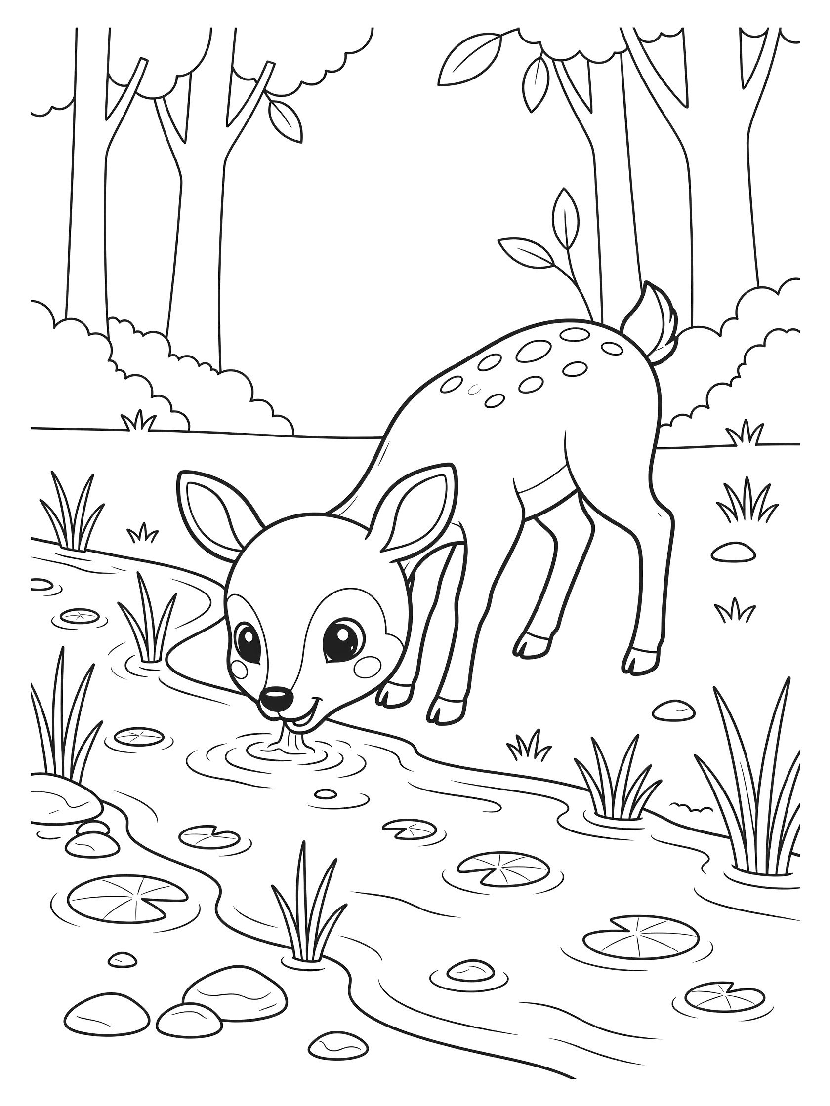 Black and white line art coloring page showing a spotted baby deer bending down to drink from a wavy stream surrounded by forest trees, grass, pebbles, lily pads and reeds.