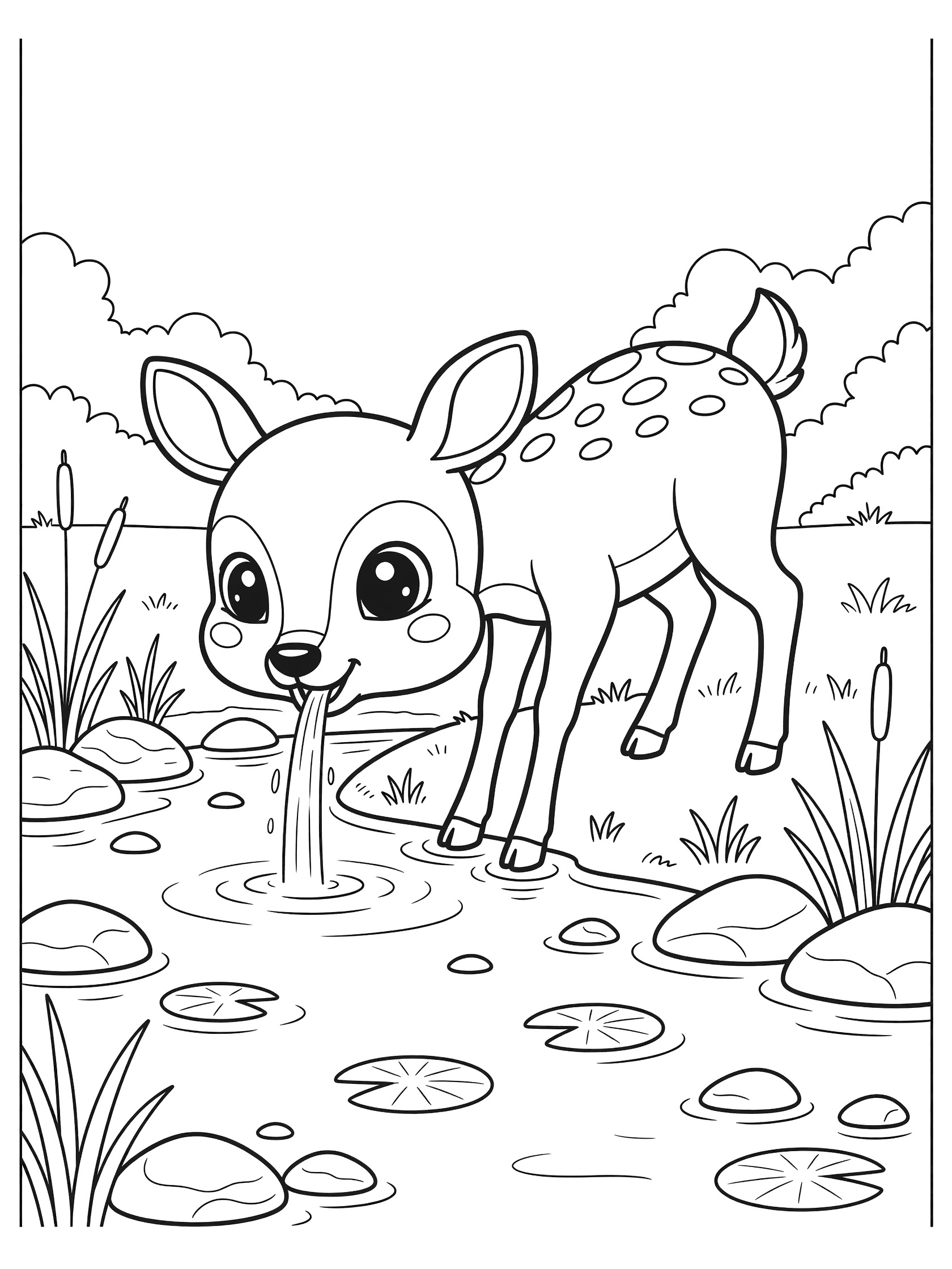 Black and white coloring page of a kawaii baby deer with big eyes drinking from a forest pond surrounded by lily pads, reeds, pebbles, and gentle water ripples.