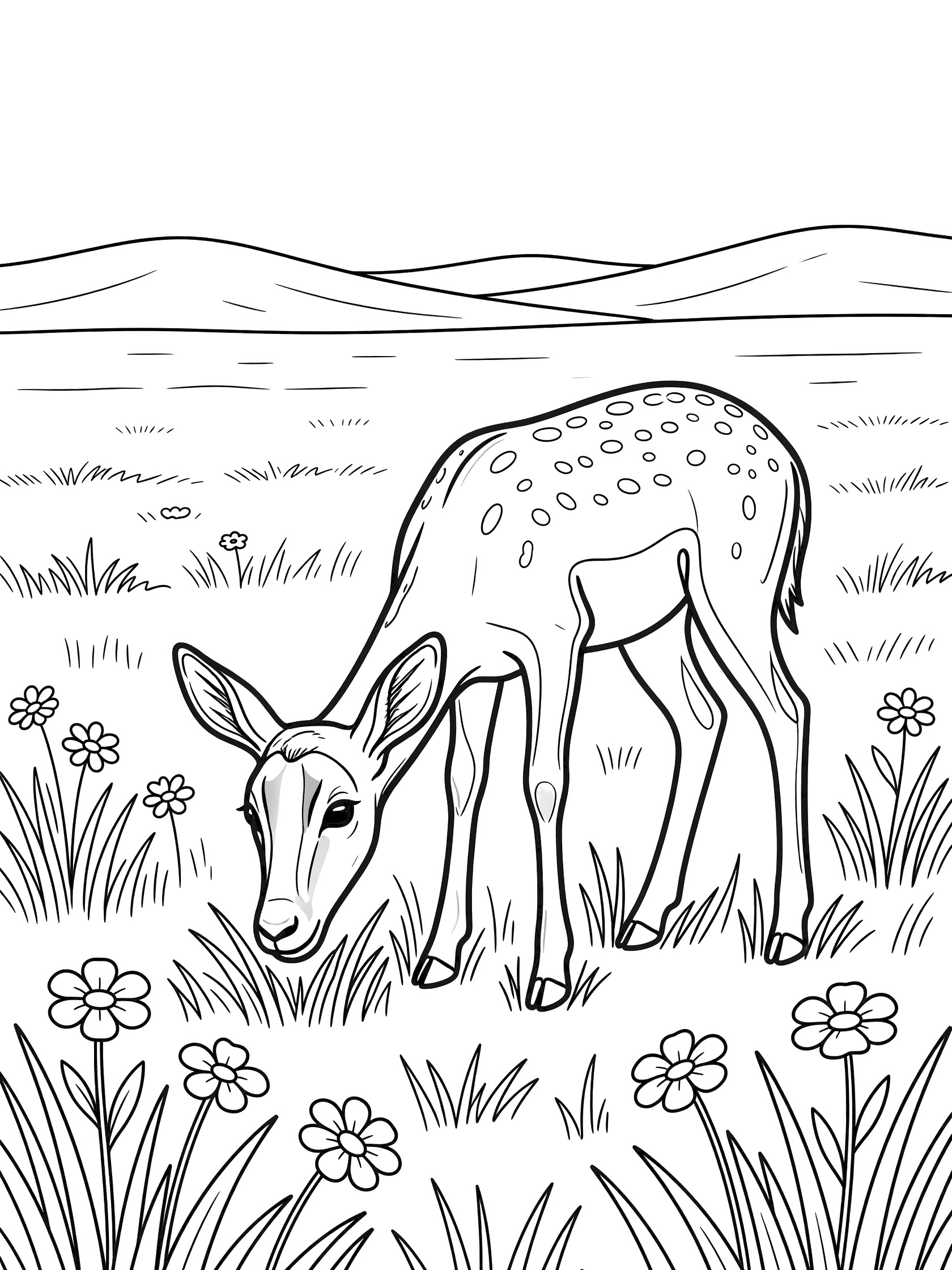 Black and white line art coloring page showing a cute spotted fawn deer bending to eat grass surrounded by wildflowers, tall grass, and distant rolling hills. Impala themed black and white printable line art