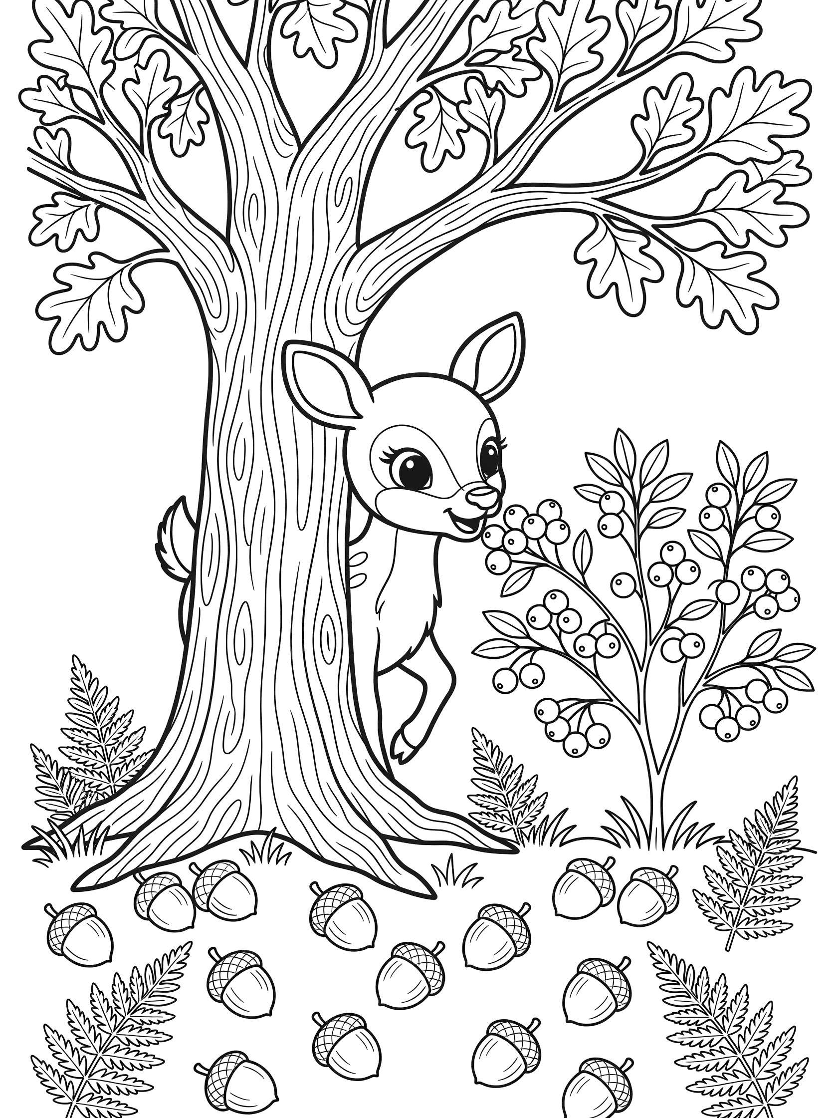 Black and white line art of a cute baby deer peeking from behind a large tree, sniffing berries on a bush, with acorns and ferns in a forest scene.