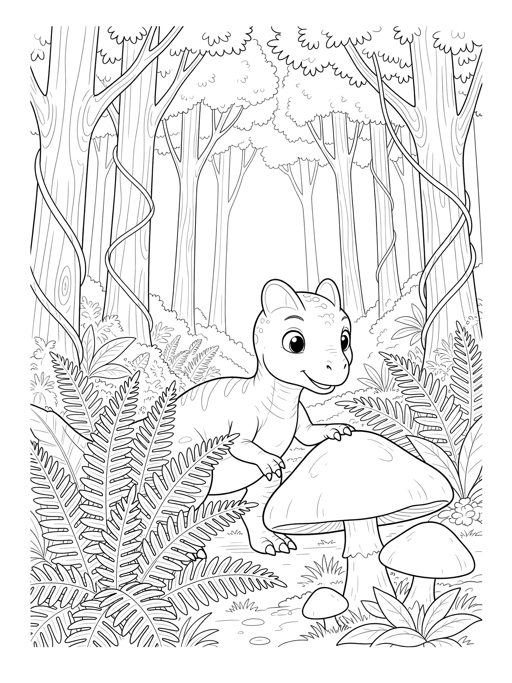 Adorable baby Dilophosaurus dinosaur on hind legs pushing through ferns to sniff a big mushroom in a lush forest with trees and vines, detailed coloring page.
