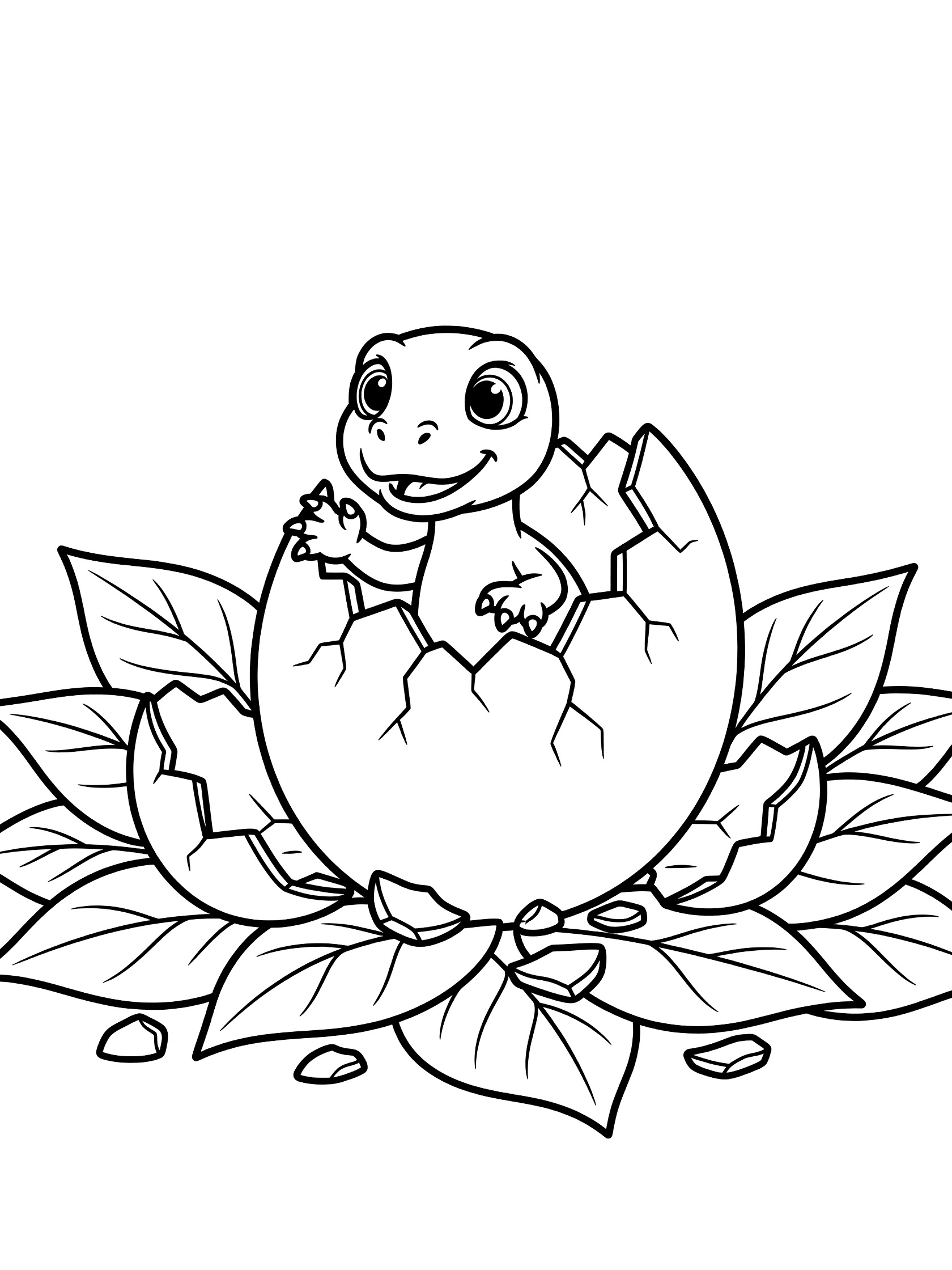 Black and white line art of a baby dinosaur with wide eyes and tiny arms hatching from a giant cracked egg surrounded by shell pieces and leaves in a nest. Ultimasaurus themed black and white printable line art