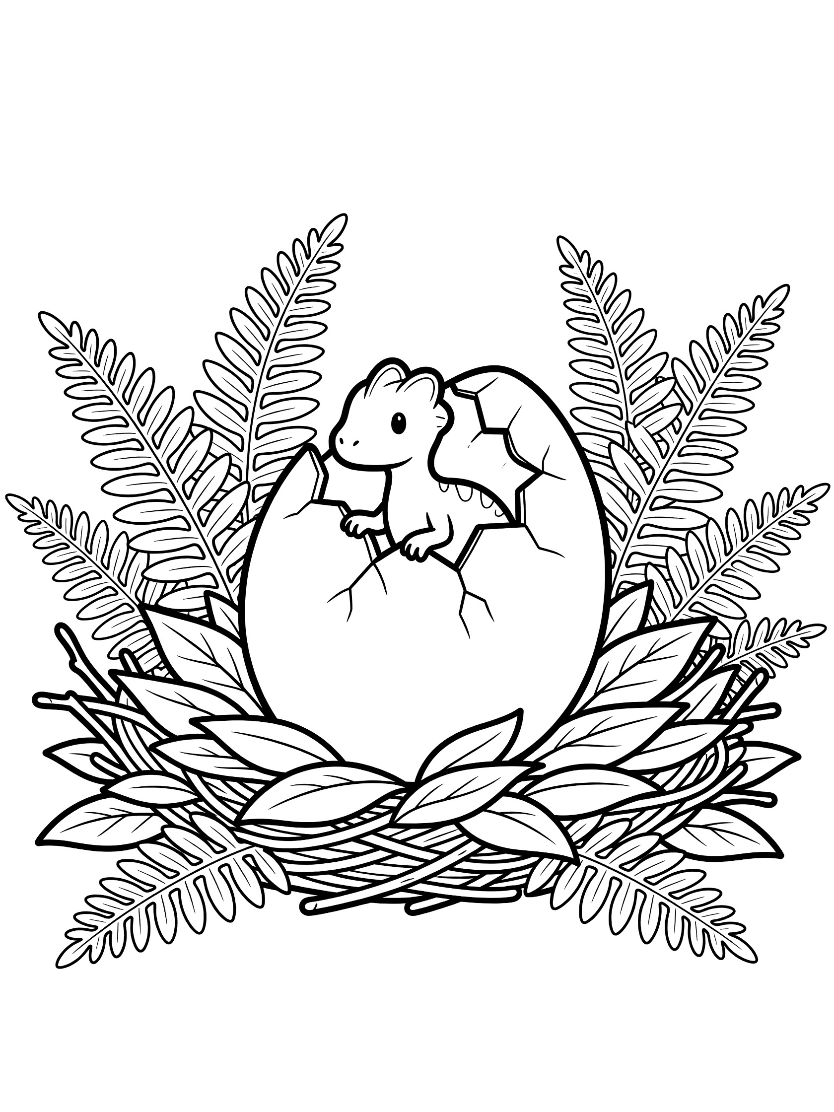 Black and white line art coloring page showing a tiny baby dinosaur with small head crests hatching from a cracked egg in a nest made of twigs and leaves, surrounded by ferns. Dilophosaurus themed black and white printable line art