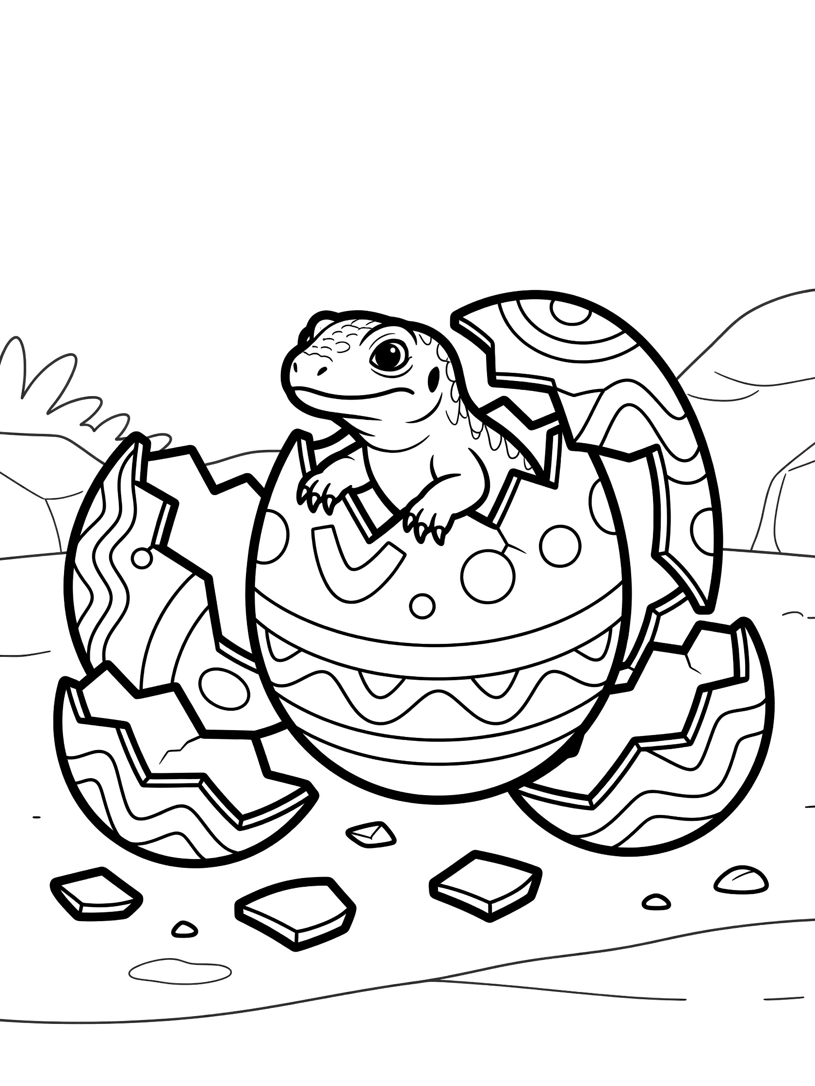 Black and white line art coloring page showing a tiny baby dinosaur with big eyes and claws hatching out of a cracked patterned egg surrounded by shell fragments on soft ground. Komodo Dragon themed black and white printable line art