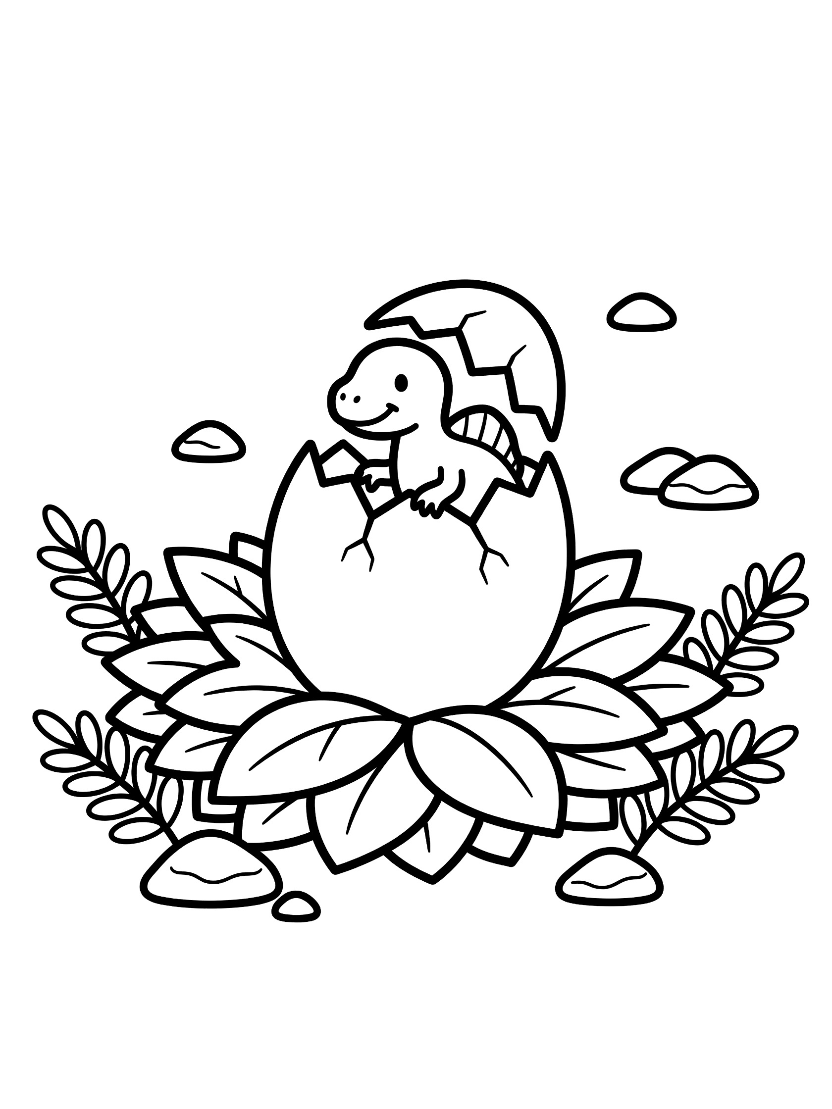 Printable coloring page showing a tiny baby Spinosaurus hatching from a broken egg surrounded by ferns and rocks in a nest