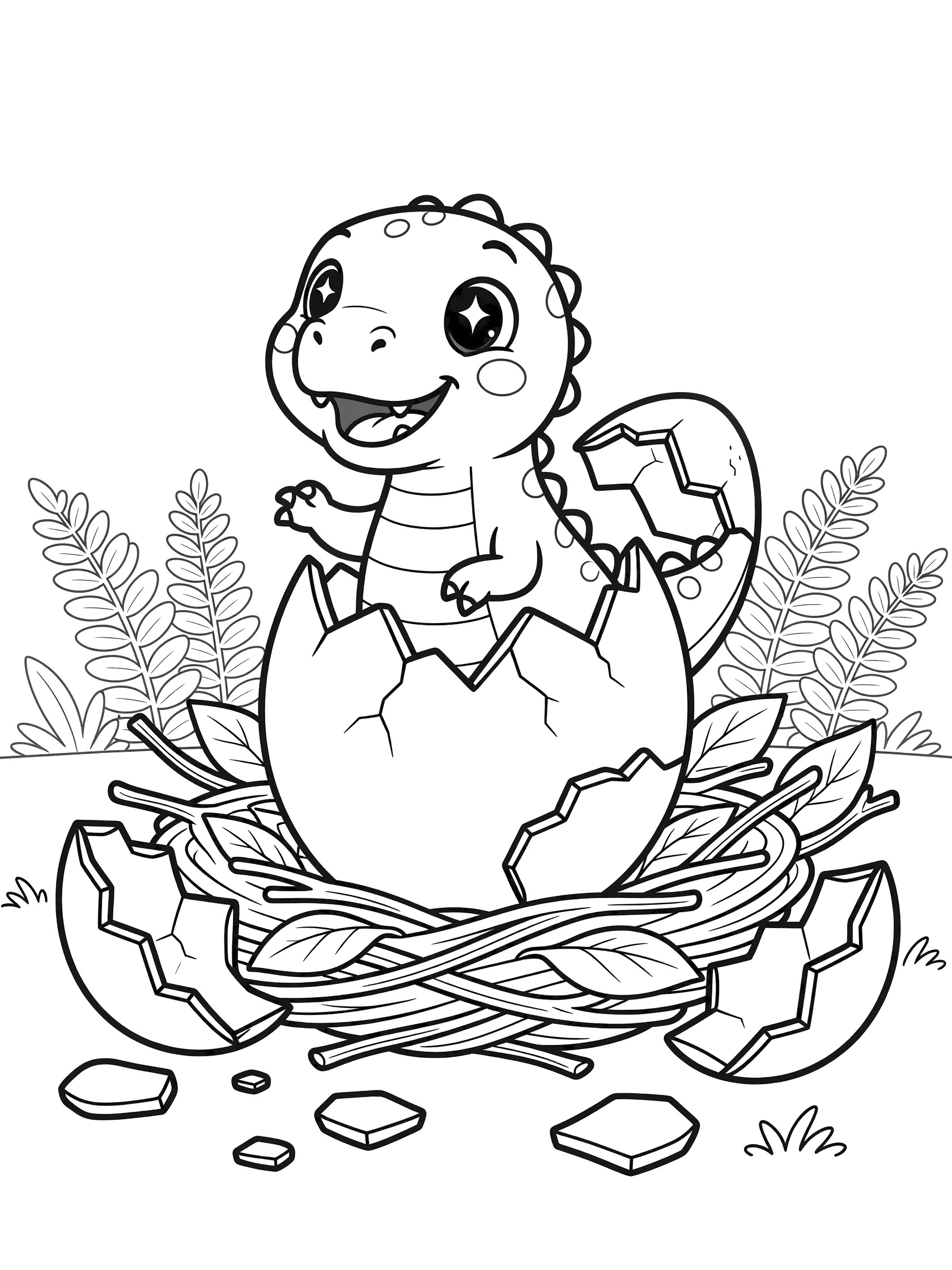Black and white coloring page showing a cute baby dinosaur with big eyes smiling while hatching from a broken egg in a nest surrounded by leaves. Indominus Rex themed black and white printable line art