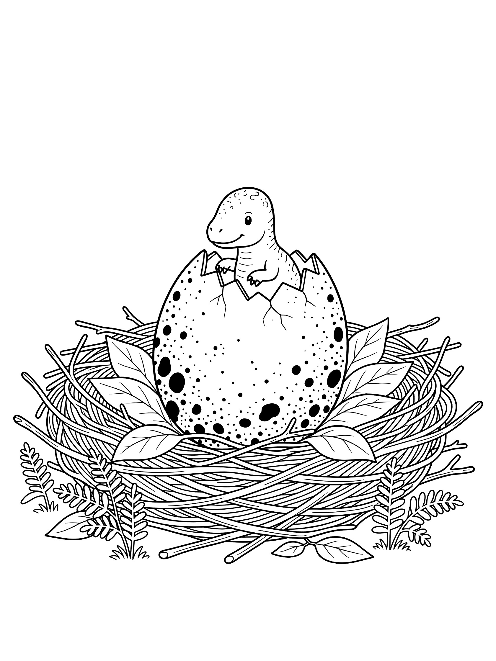Black and white line art coloring page showing a baby dinosaur with a dome head hatching from a large speckled egg inside a nest of twigs and leaves, surrounded by small ferns. Pachycephalosaurus themed black and white printable line art
