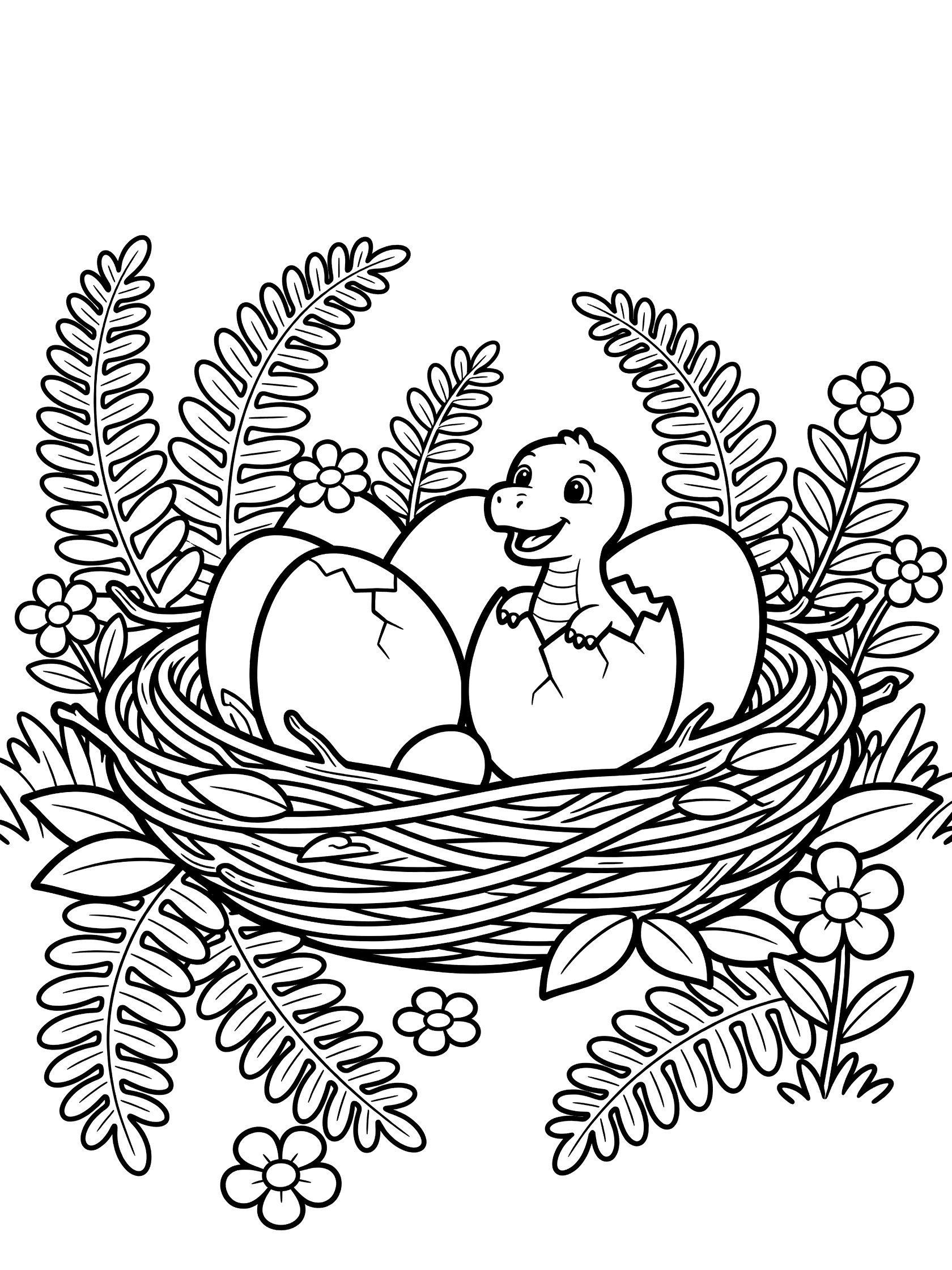 Black and white line art coloring page showing a nest of twigs and leaves with dinosaur eggs, one cracked open with a happy baby dinosaur head peeking out, surrounded by ferns and flowers.