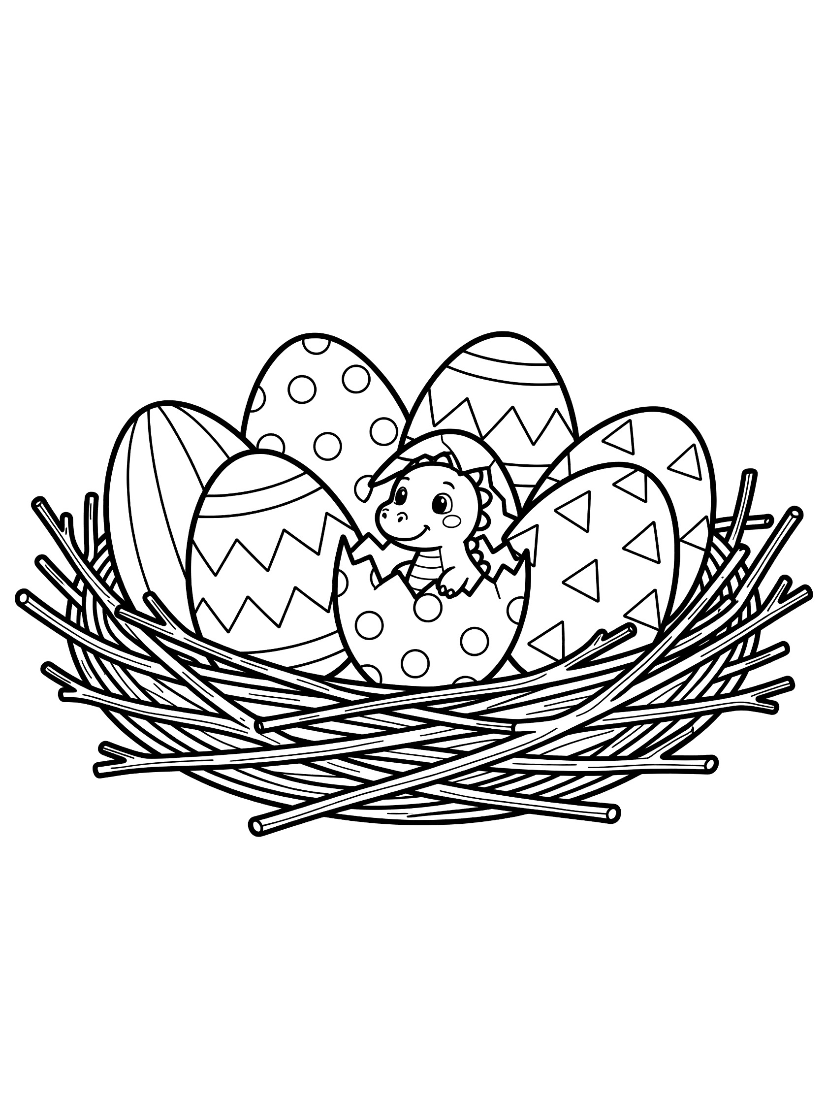 Line art coloring page showing a baby dinosaur peeking out of a cracked egg in a nest surrounded by patterned dinosaur eggs