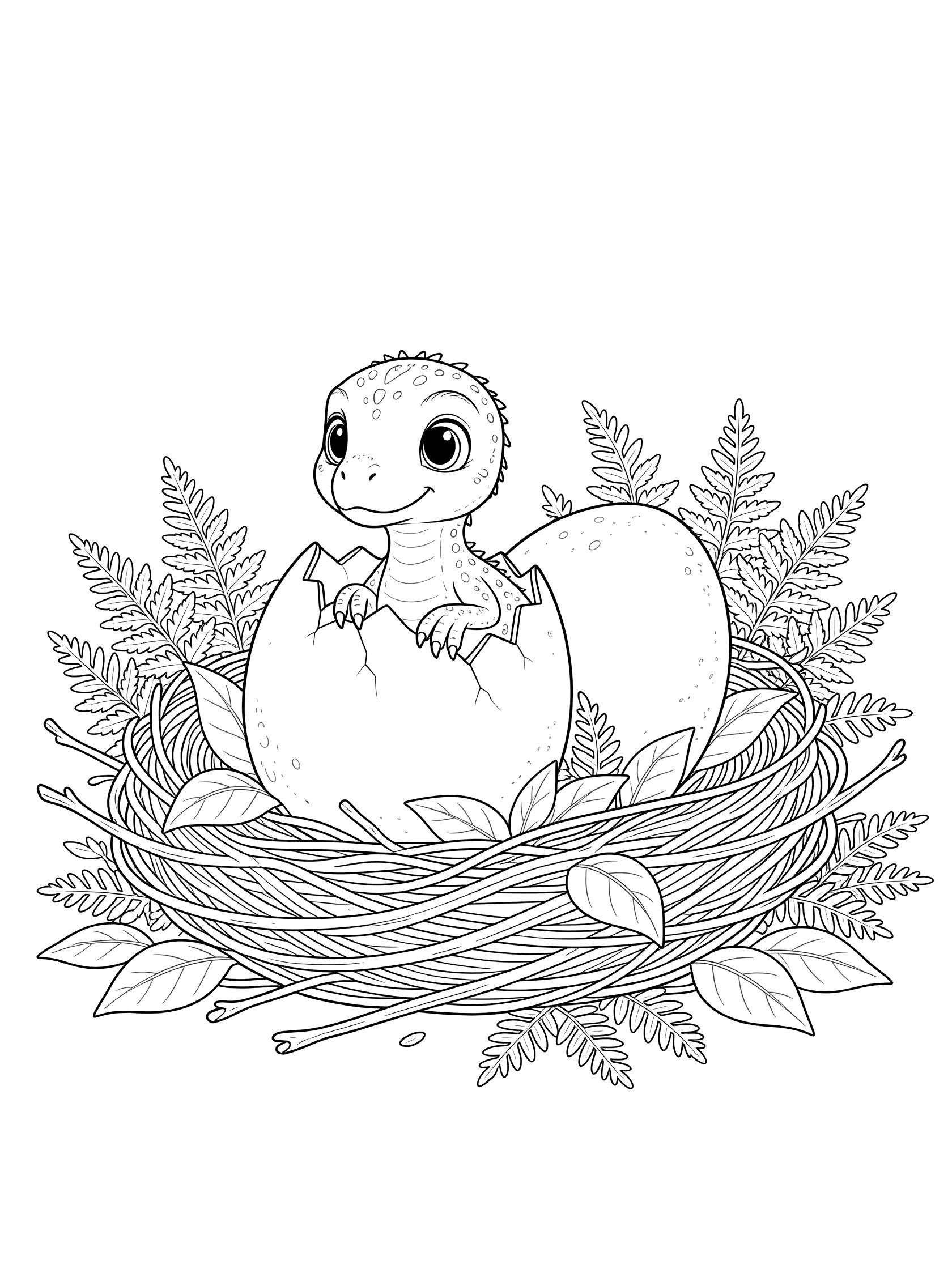 Black and white coloring page of a cute baby dinosaur with big eyes hatching from a large cracked egg in a nest made of twigs and leaves, surrounded by ferns. Velociraptor themed black and white printable line art