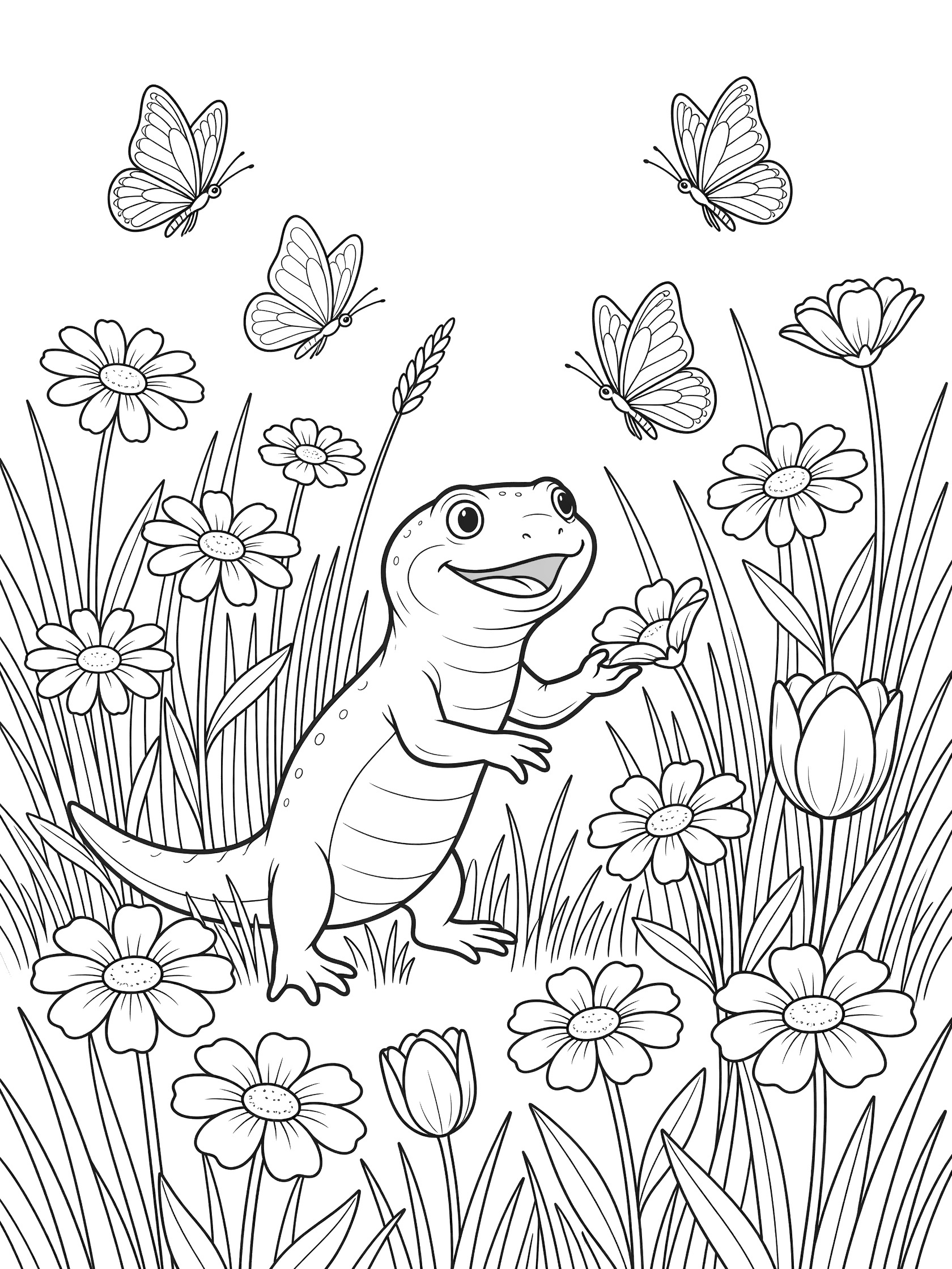 Black and white line art coloring page showing a small baby dinosaur with big eyes holding a butterfly, surrounded by daisies, tulips, tall grass, and flying butterflies. Newt themed black and white printable line art