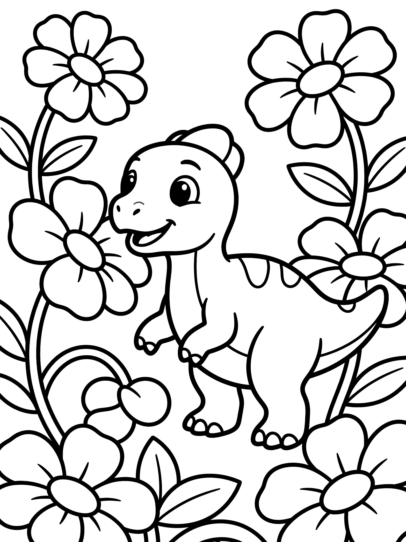 Black and white line art of a cute baby Dilophosaurus dinosaur with big eyes and a smile, standing on four legs surrounded by large flowers and curving vines.